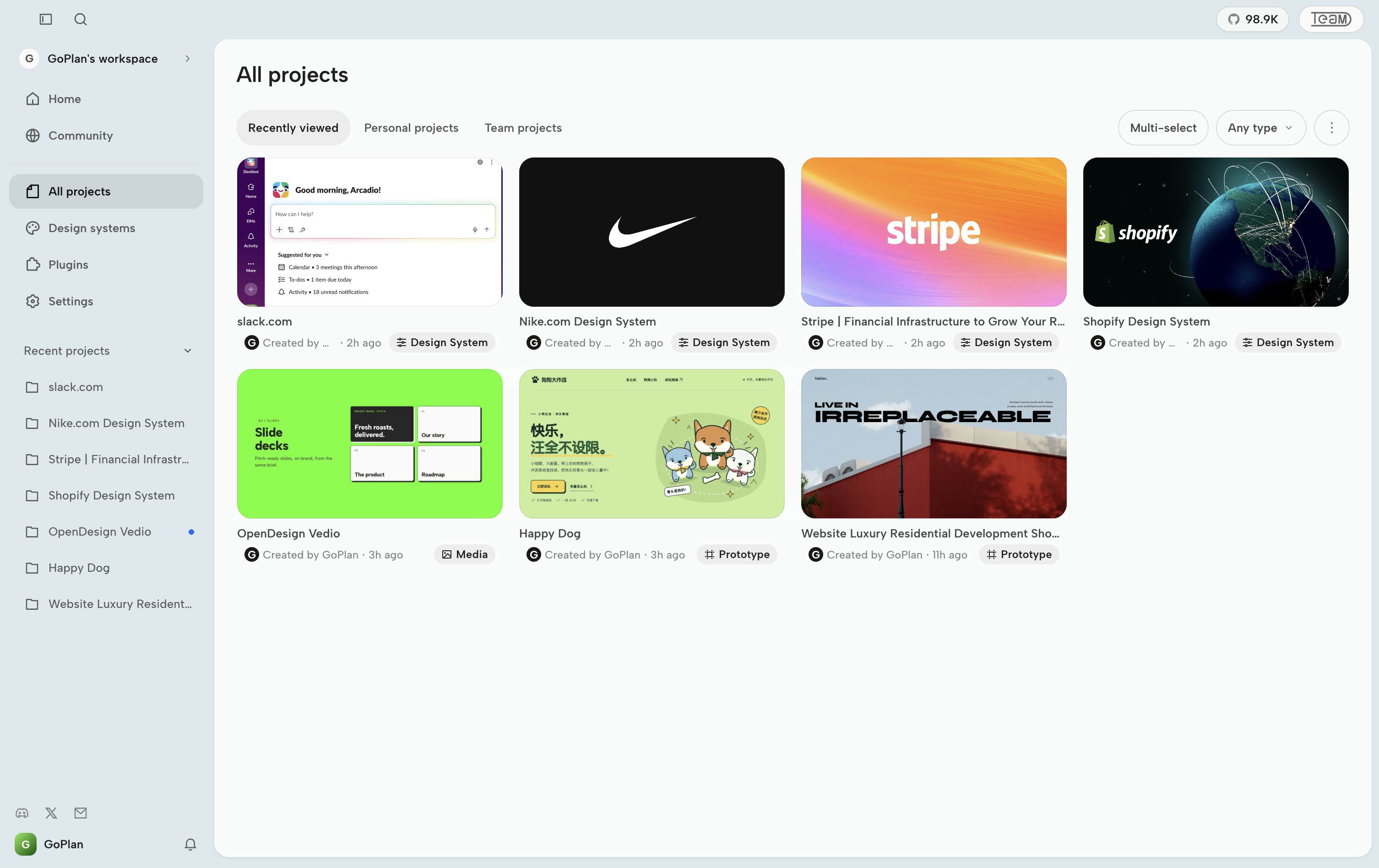 https://github.com/nexu-io/open-design/blob/HEAD/OpenDesign All projects page showing recent design systems, media, and prototypes