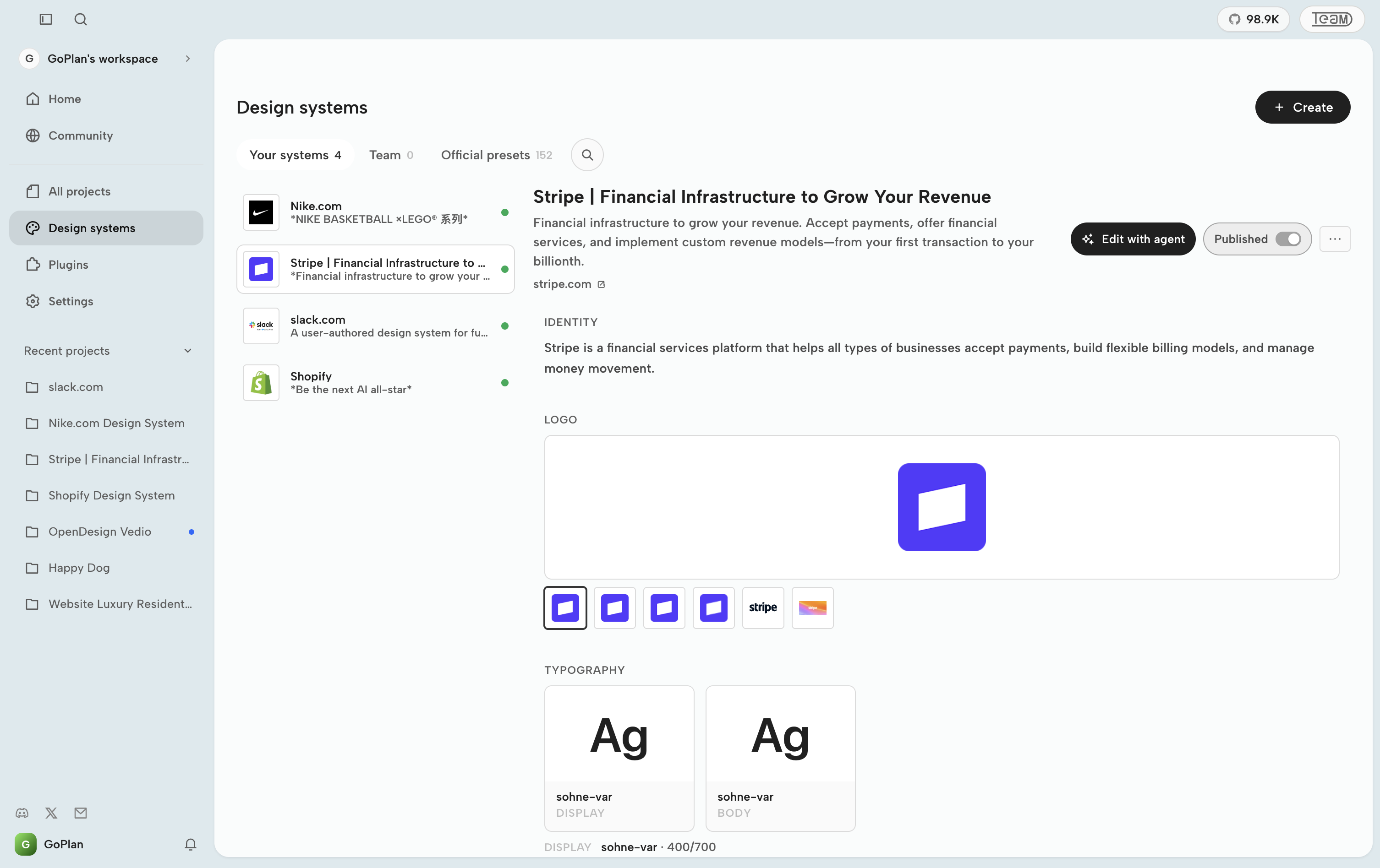 https://github.com/nexu-io/open-design/blob/HEAD/OpenDesign Design systems page showing the Stripe brand identity, logo, and typography