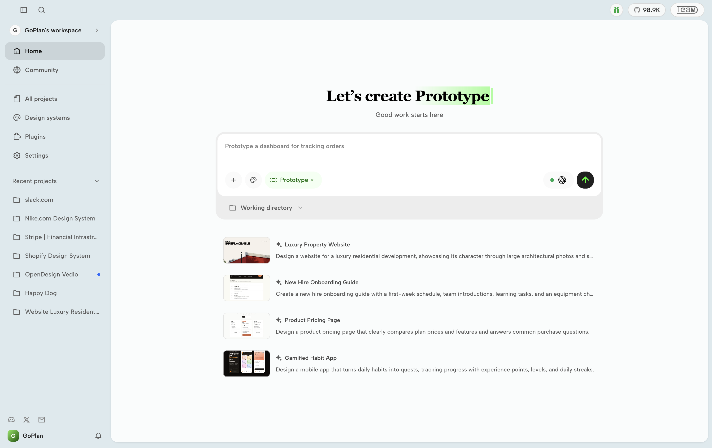 https://github.com/nexu-io/open-design/blob/HEAD/OpenDesign Home page with the prototype composer and example prompts