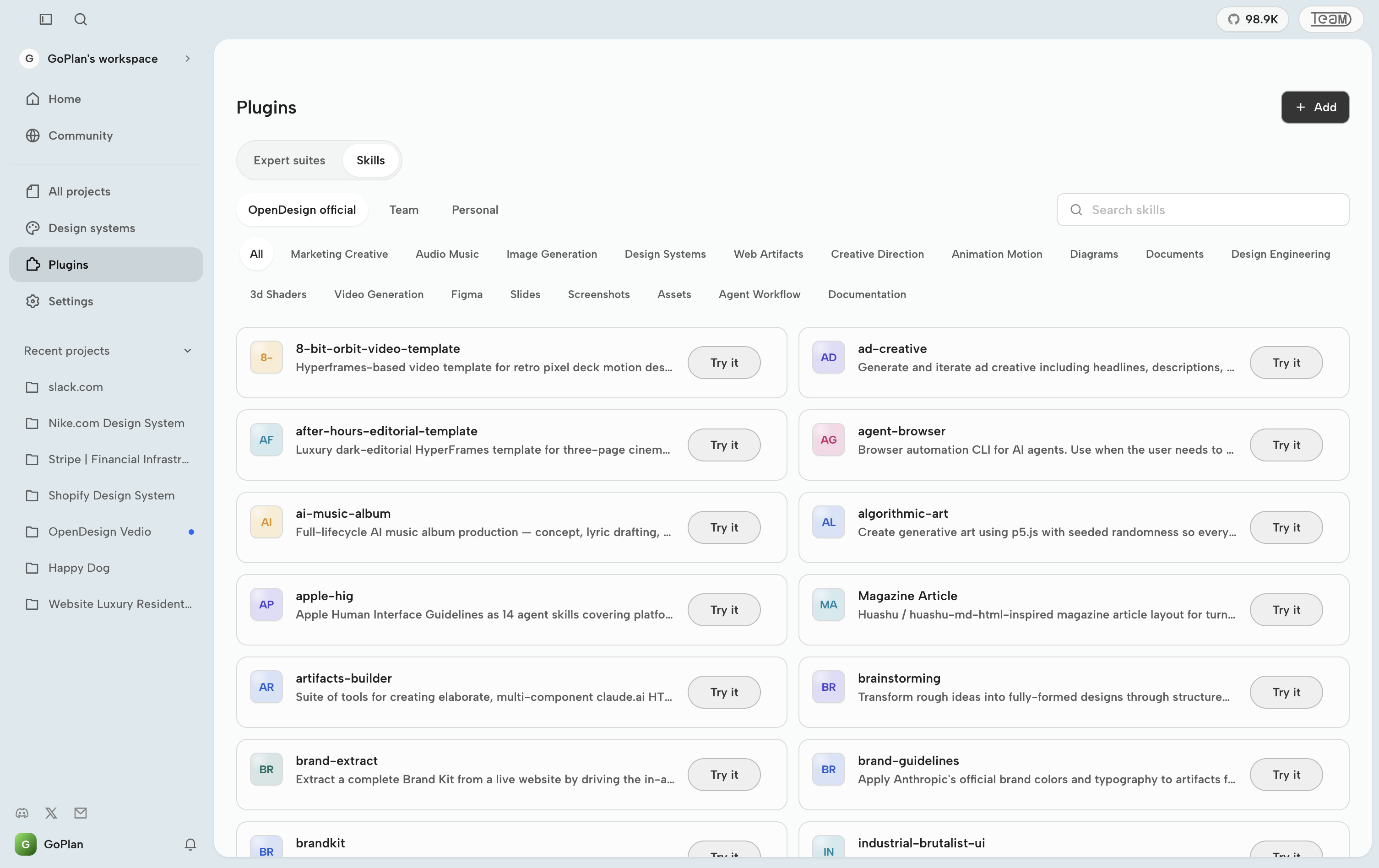 https://github.com/nexu-io/open-design/blob/HEAD/OpenDesign Plugins page showing official skills, categories, and search