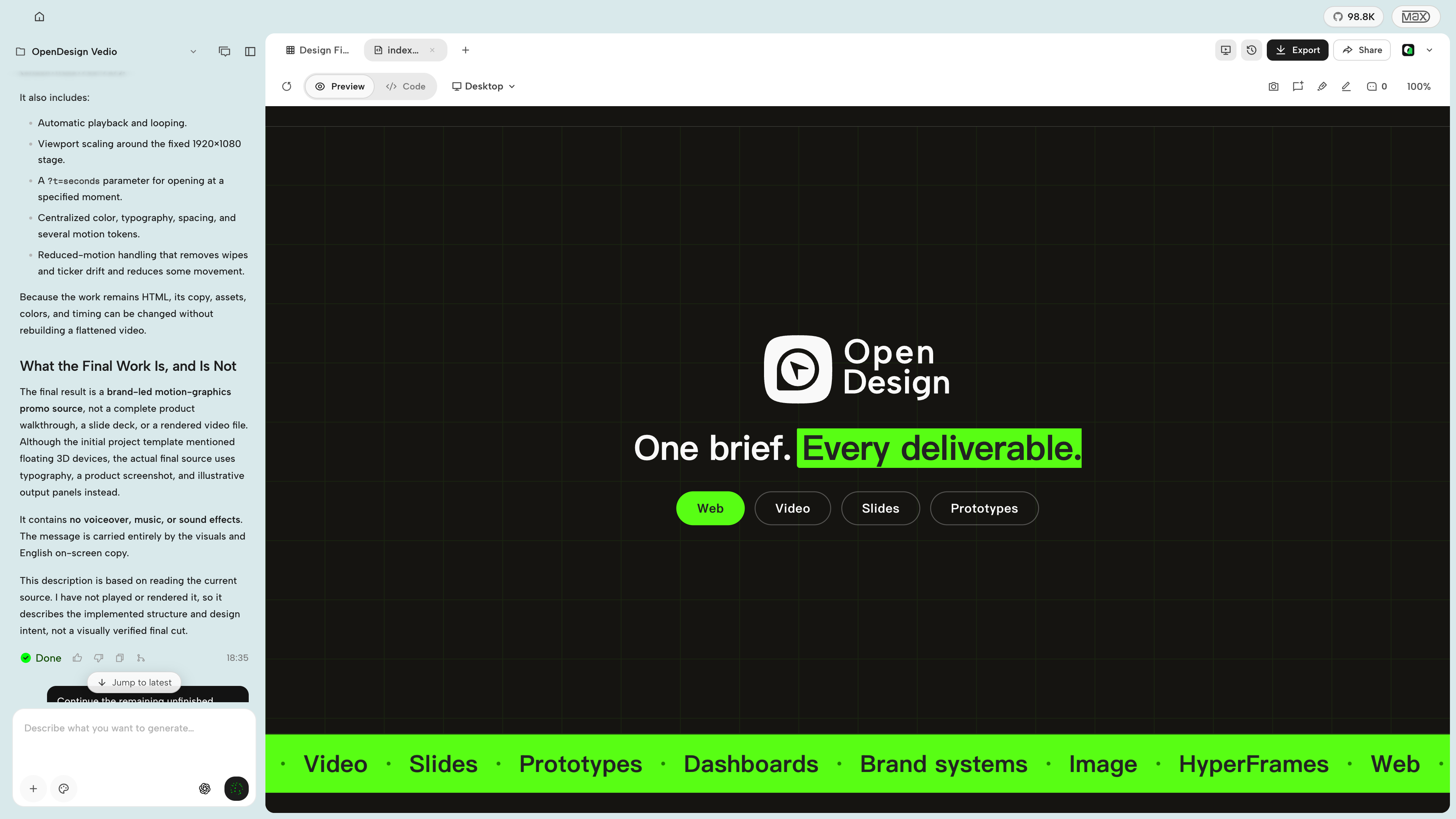 https://github.com/nexu-io/open-design/blob/HEAD/OpenDesign HyperFrames editor showing the One brief, Every deliverable motion graphic