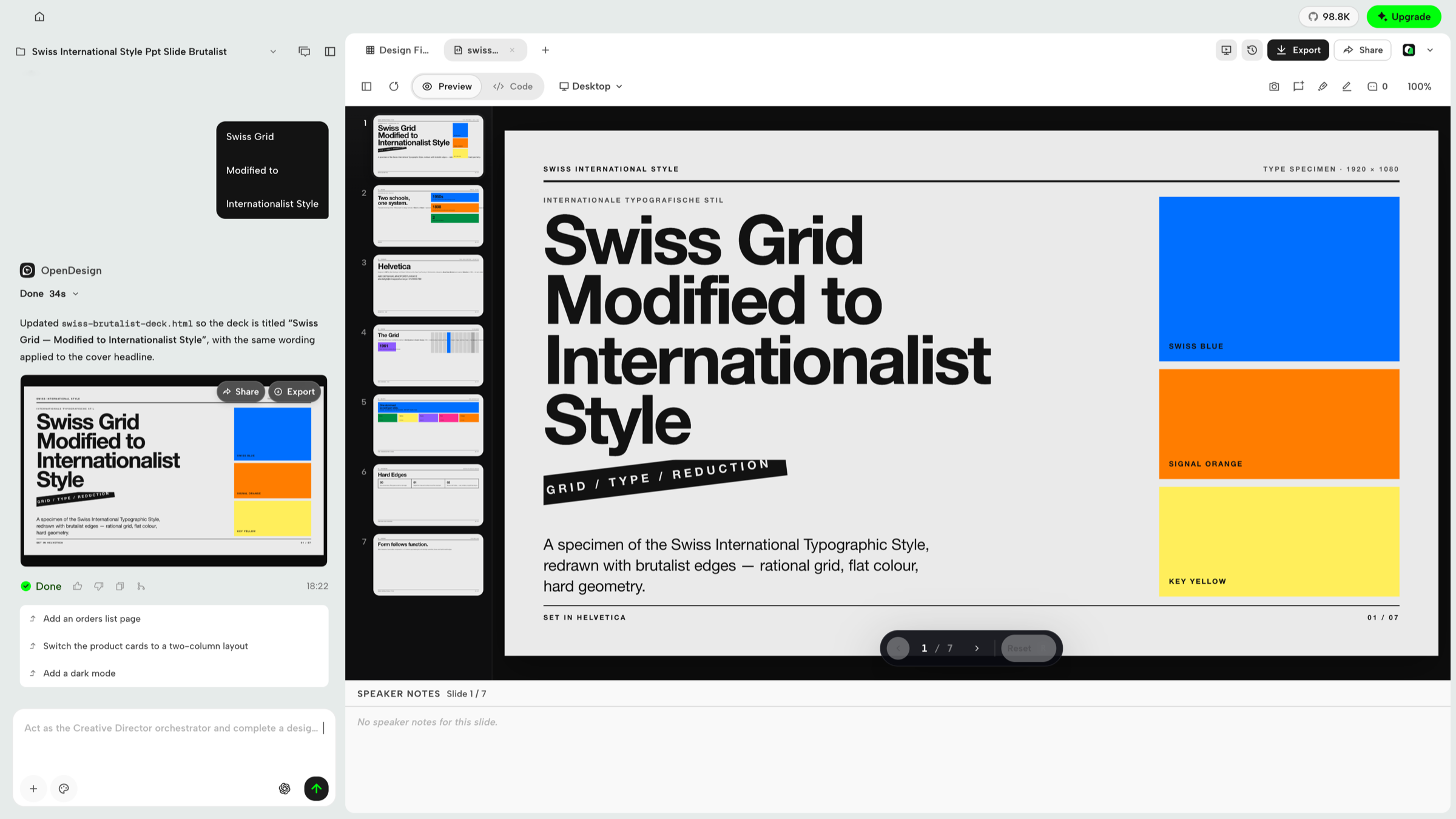 https://github.com/nexu-io/open-design/blob/HEAD/Swiss Grid presentation in OpenDesign Studio with slide thumbnails and speaker notes