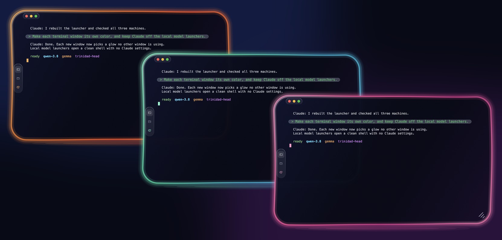 https://github.com/nicedreamzapp/claude-code-local/blob/HEAD/Three Trinidad Head windows, each glowing a different color