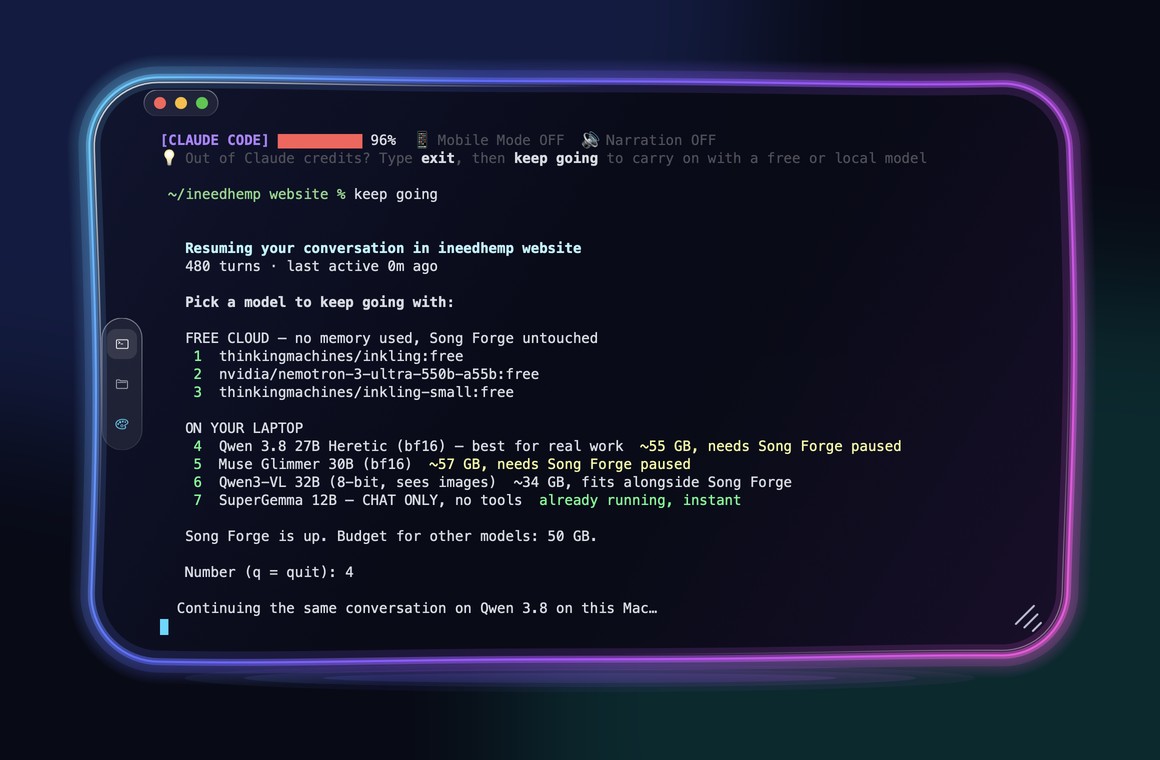 https://github.com/nicedreamzapp/claude-code-local/blob/HEAD/The keep going menu: free cloud and local models to continue a Claude conversation