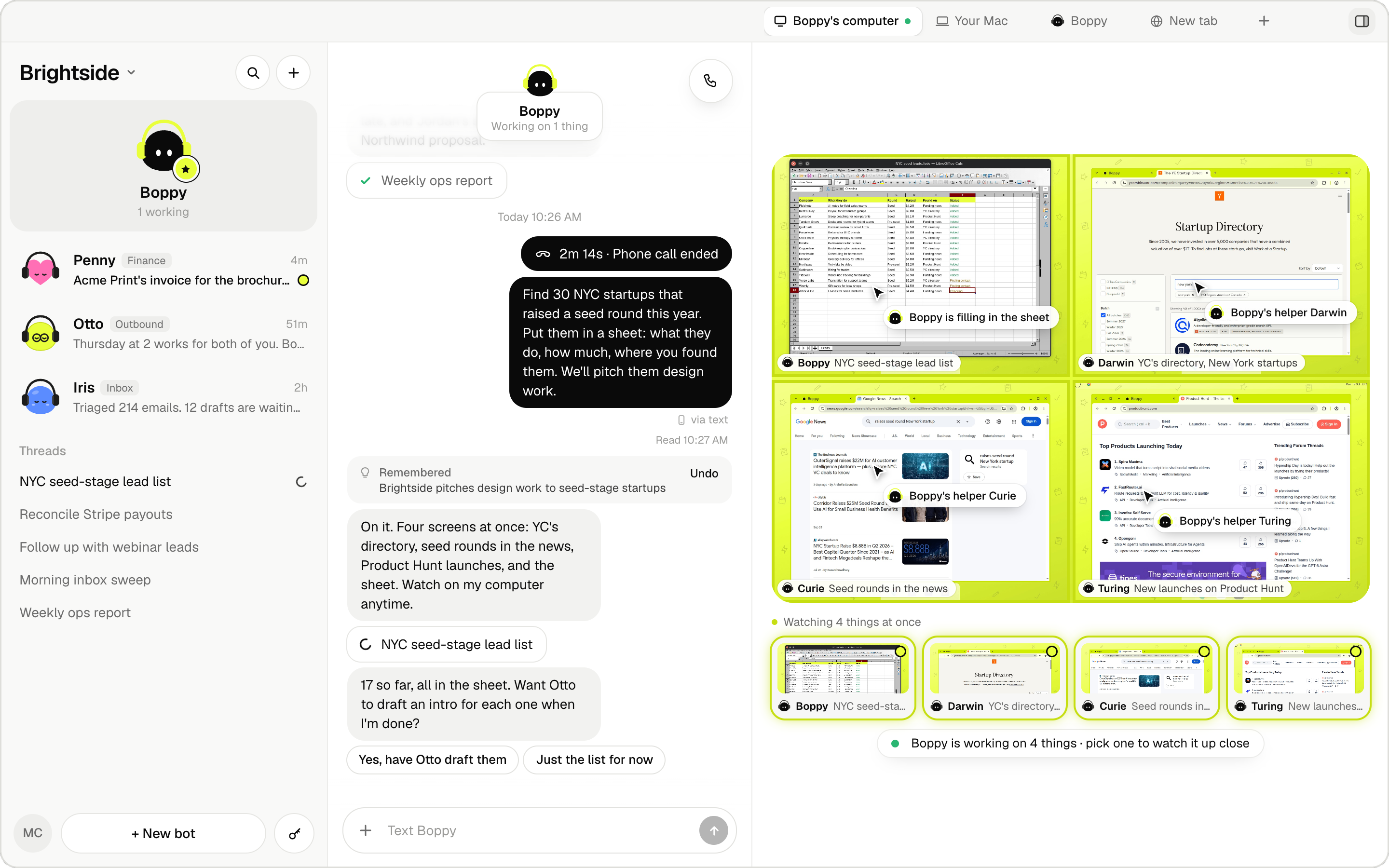 https://github.com/nickvasilescu/bops/blob/HEAD/Bops: Boppy's chat on the left, and its computer on the right building a lead list on four screens at once