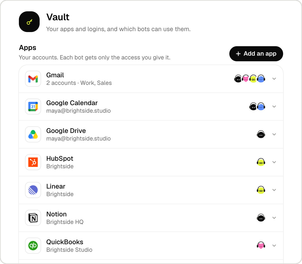 https://github.com/nickvasilescu/bops/blob/HEAD/The Vault: connected apps, several accounts each, and which bots use them