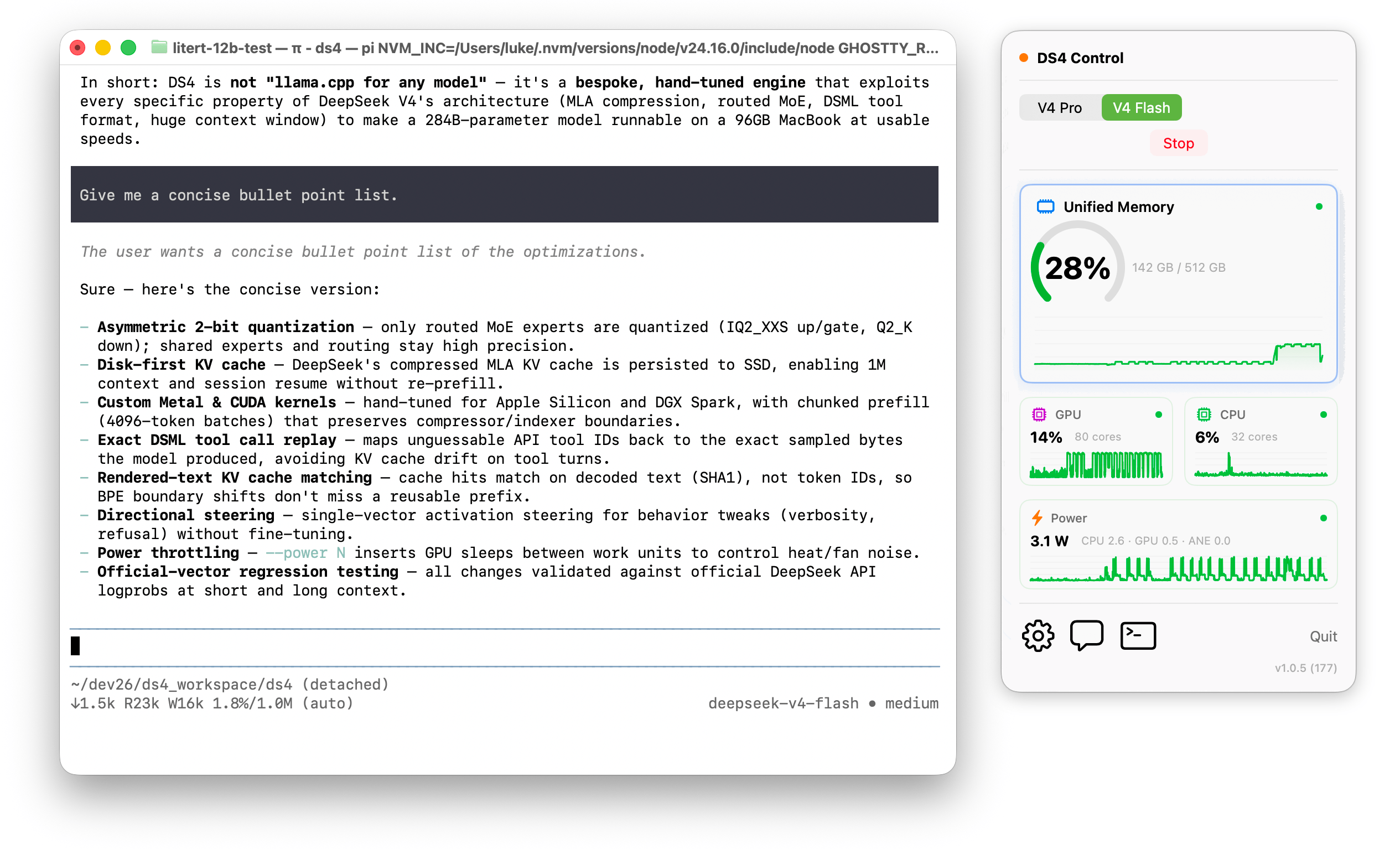 https://github.com/notatestuser/ds4-control/blob/HEAD/DS4 Control menu-bar popup: the V4 Pro/Flash selector, a Unified Memory hero gauge, GPU, CPU and power widgets, and gear/chat/terminal shortcuts