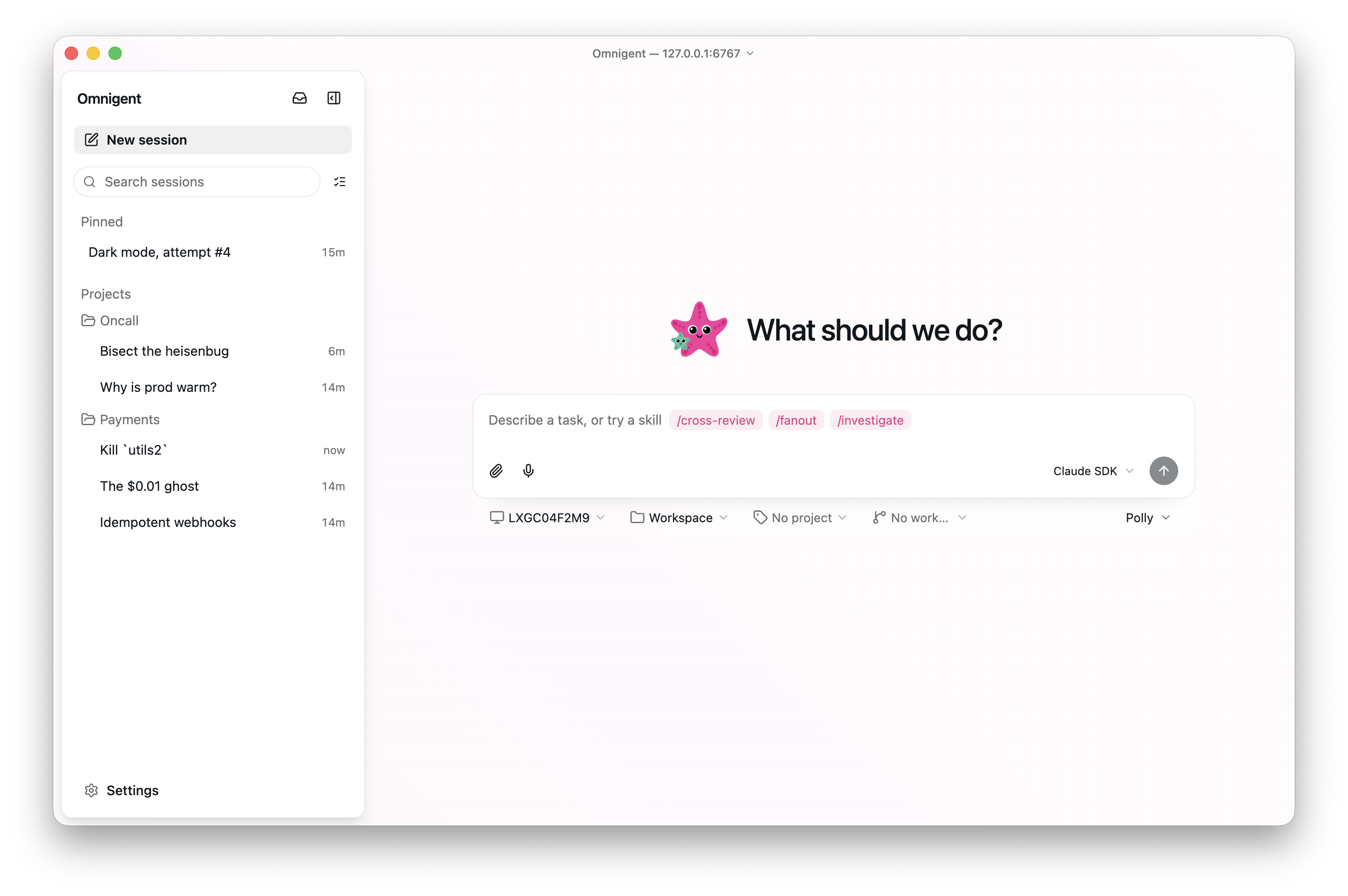 https://github.com/omnigent-ai/omnigent/blob/HEAD/The Omnigent desktop app: starting a new session, with pinned and project-grouped sessions in the sidebar