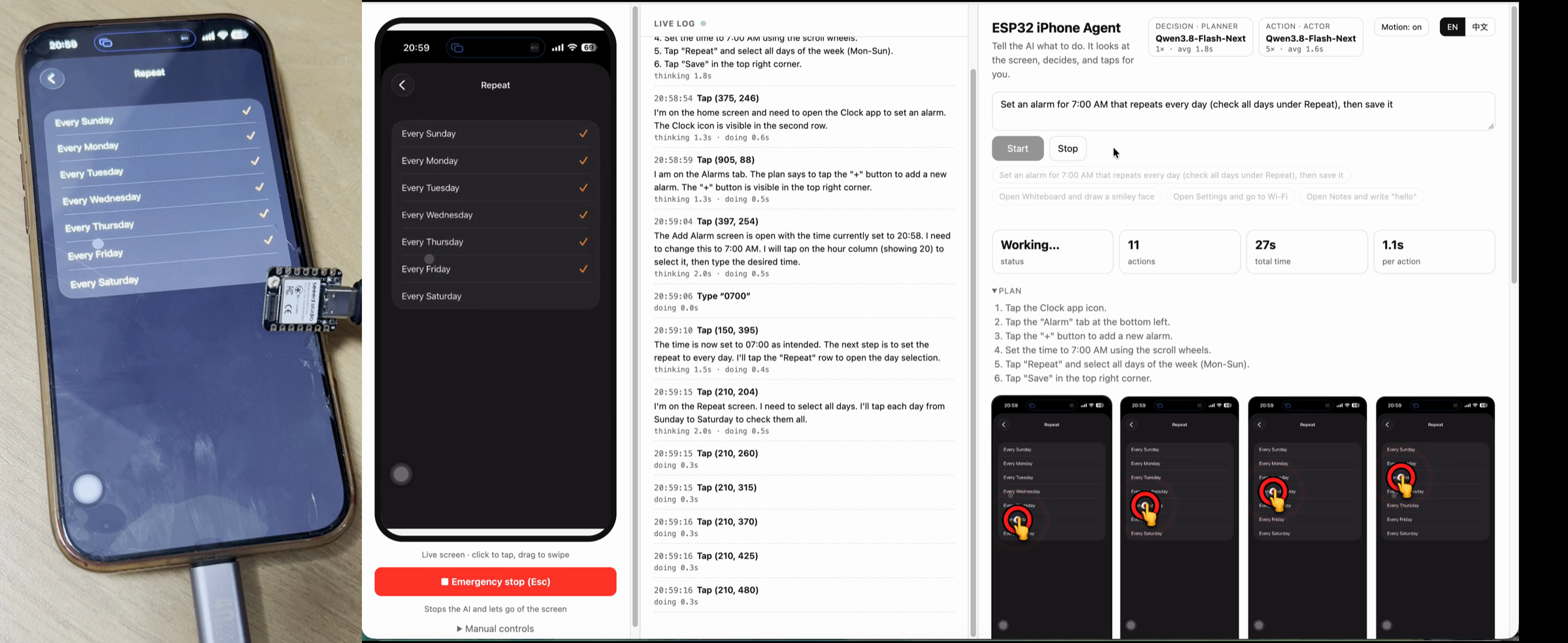 https://github.com/onehumanbeing/esp32-iphone-agent/blob/HEAD/Example 2: an iPhone with a XIAO ESP32S3 plugged in, setting an alarm that repeats every day, next to the web UI