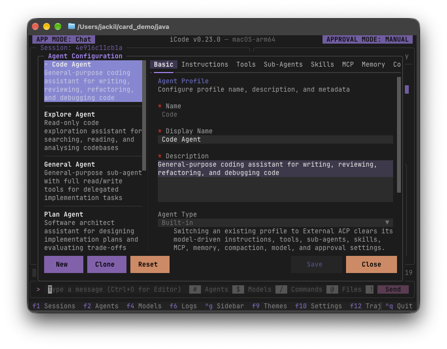 The Agent Configuration screen editing the built-in Code Agent
