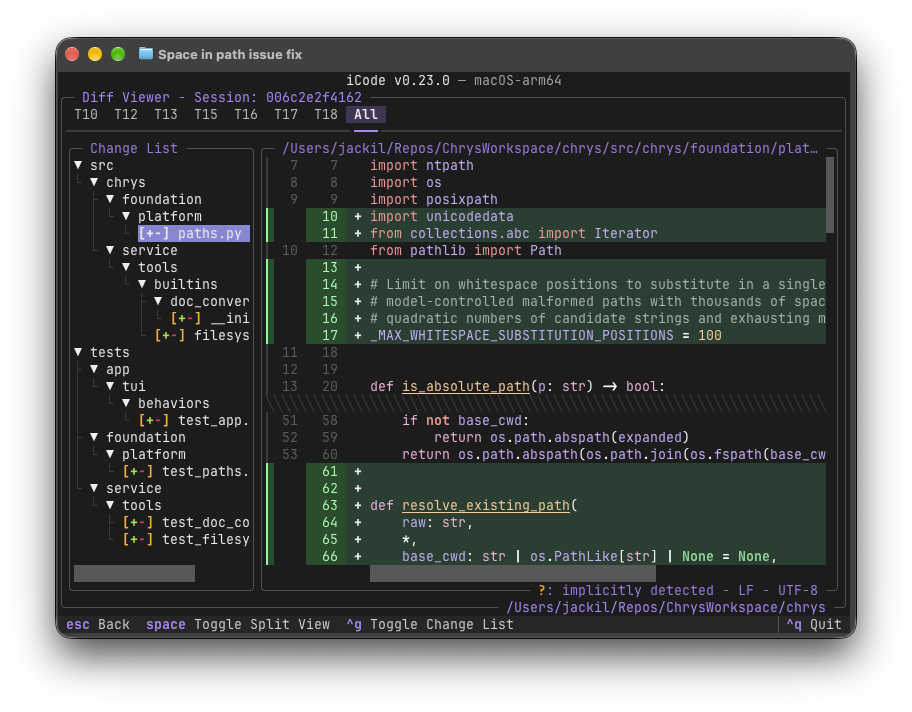The diff viewer showing a change tree and a unified diff of a Python file
