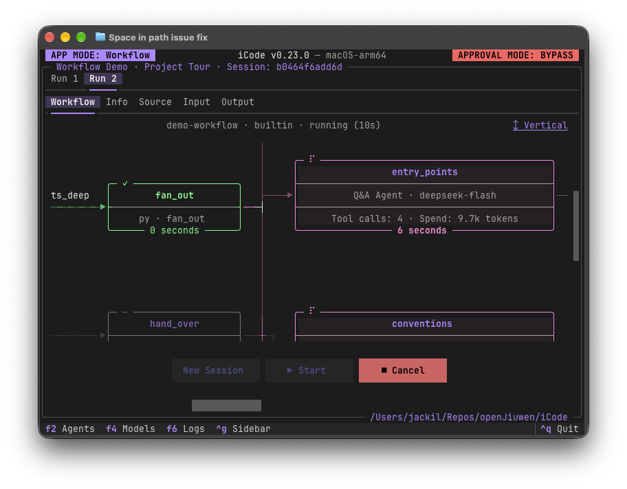 Workflow mode running the demo workflow, showing its node graph mid-run