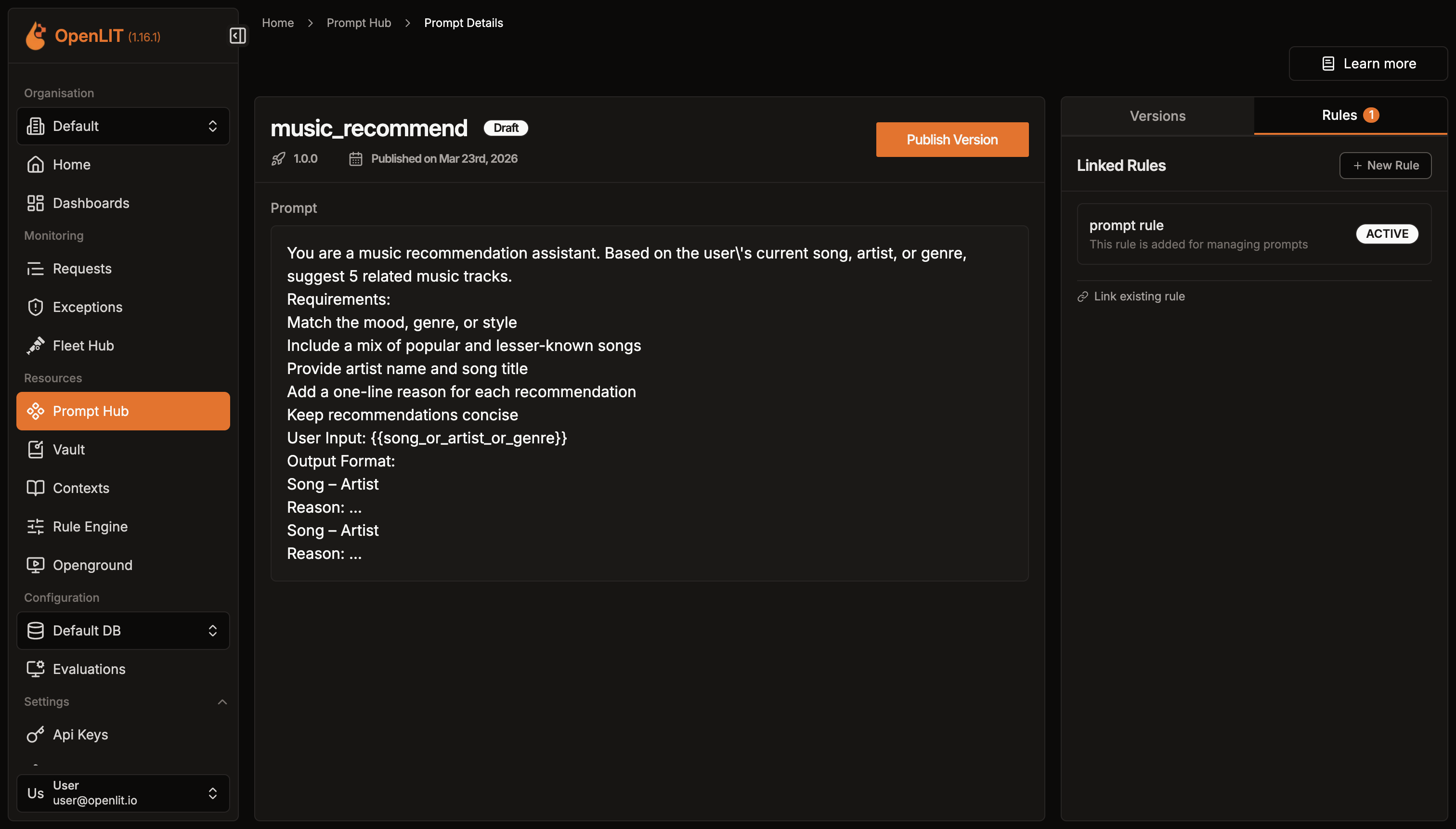 https://github.com/openlit/openlit/blob/HEAD/Prompt Hub prompt detail page with versions and linked rules