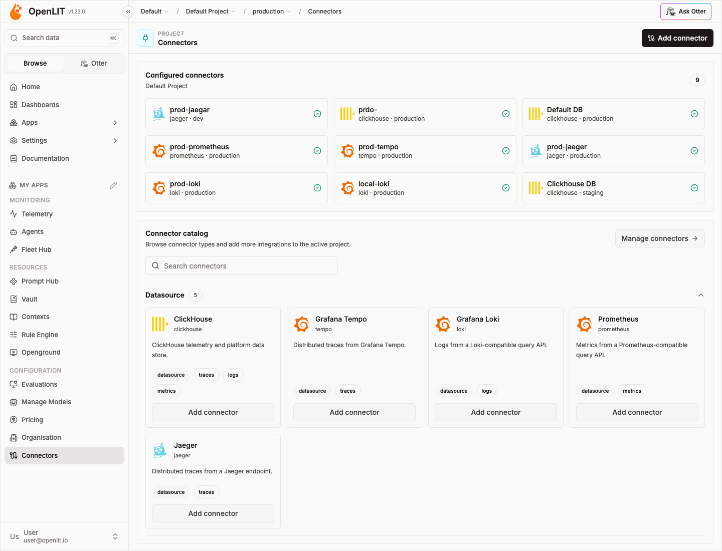 https://github.com/openlit/openlit/blob/HEAD/Connectors catalog with ClickHouse, Grafana Tempo, Loki, Prometheus, and Jaeger