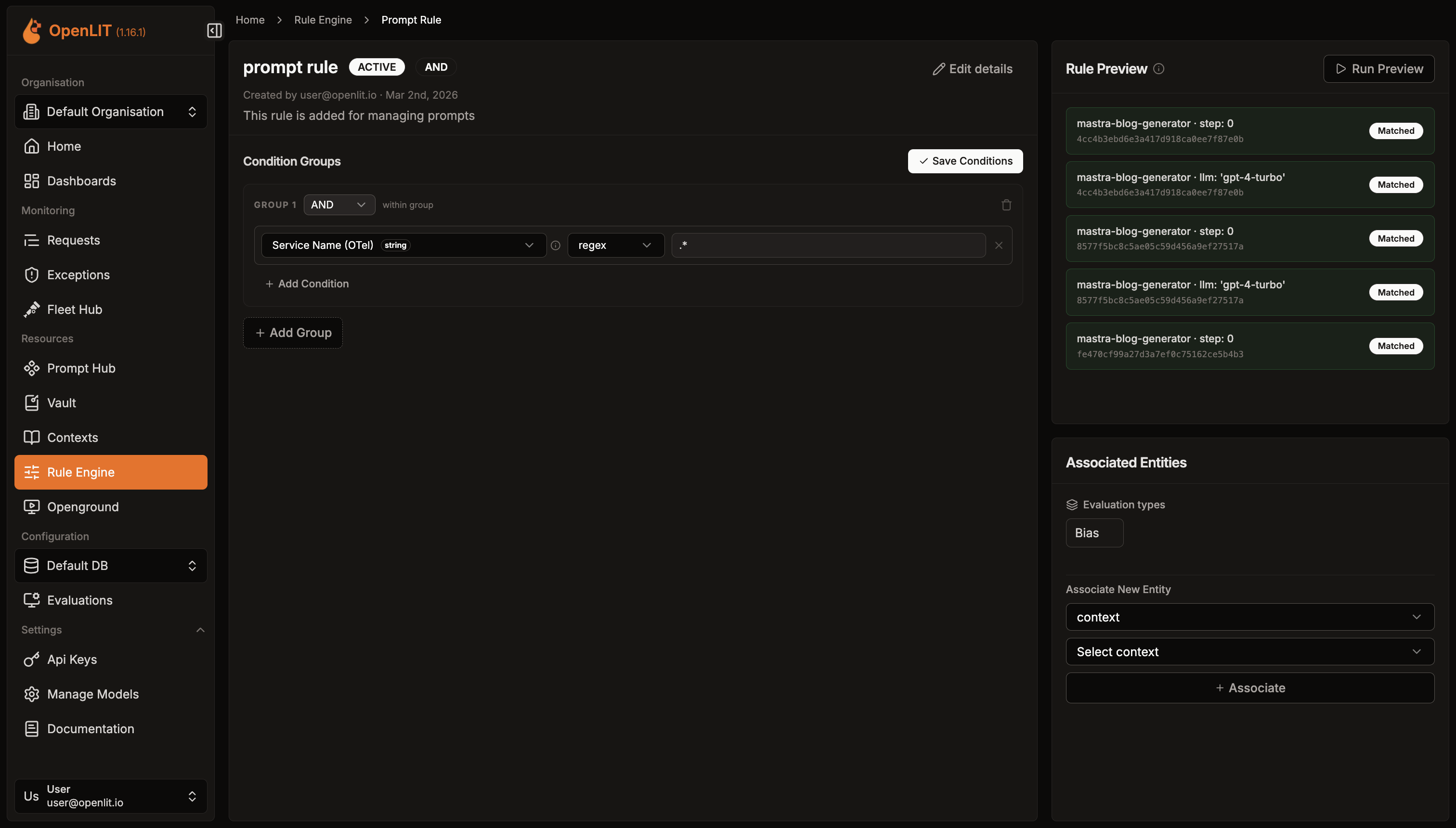 https://github.com/openlit/openlit/blob/HEAD/Rule Engine rule detail page with condition groups and live rule preview
