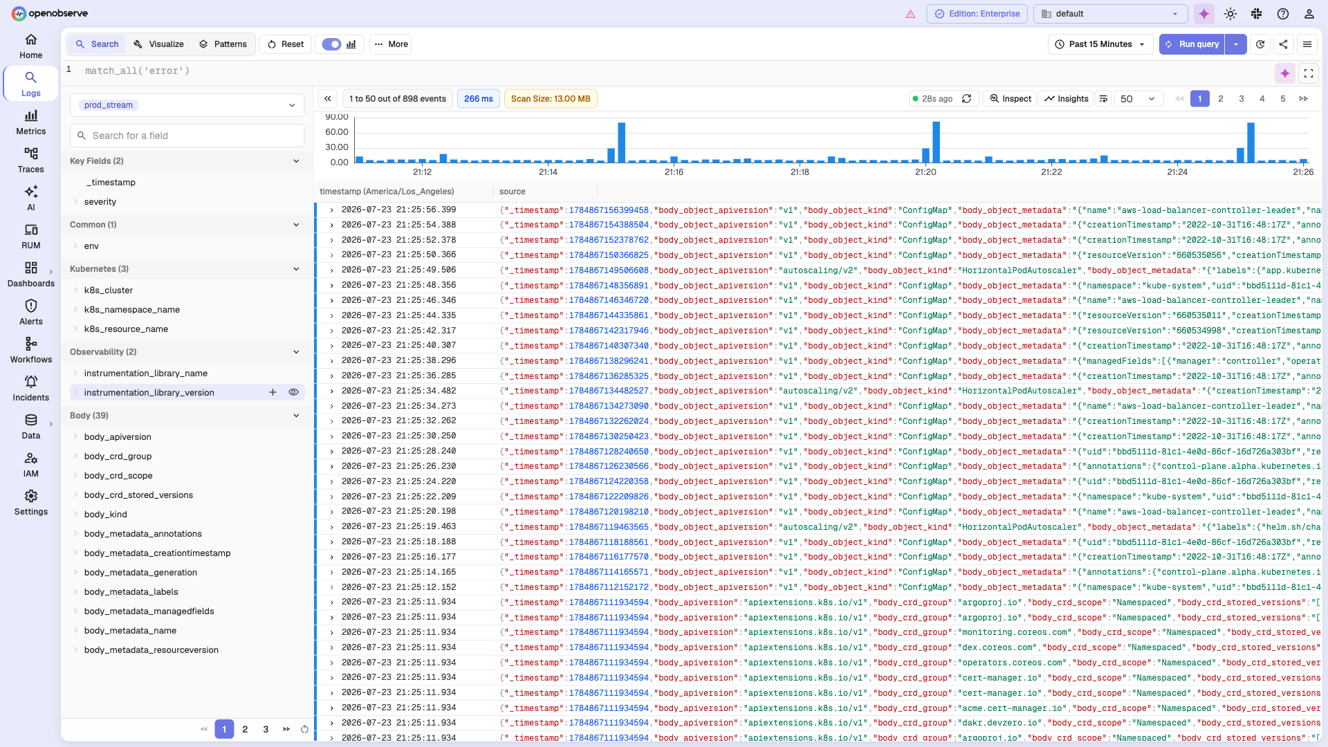 Logs search with histogram and field explorer