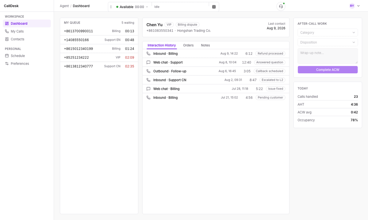 Agent desktop: an inbound call is answered, the live transcript fills in, then after-call work