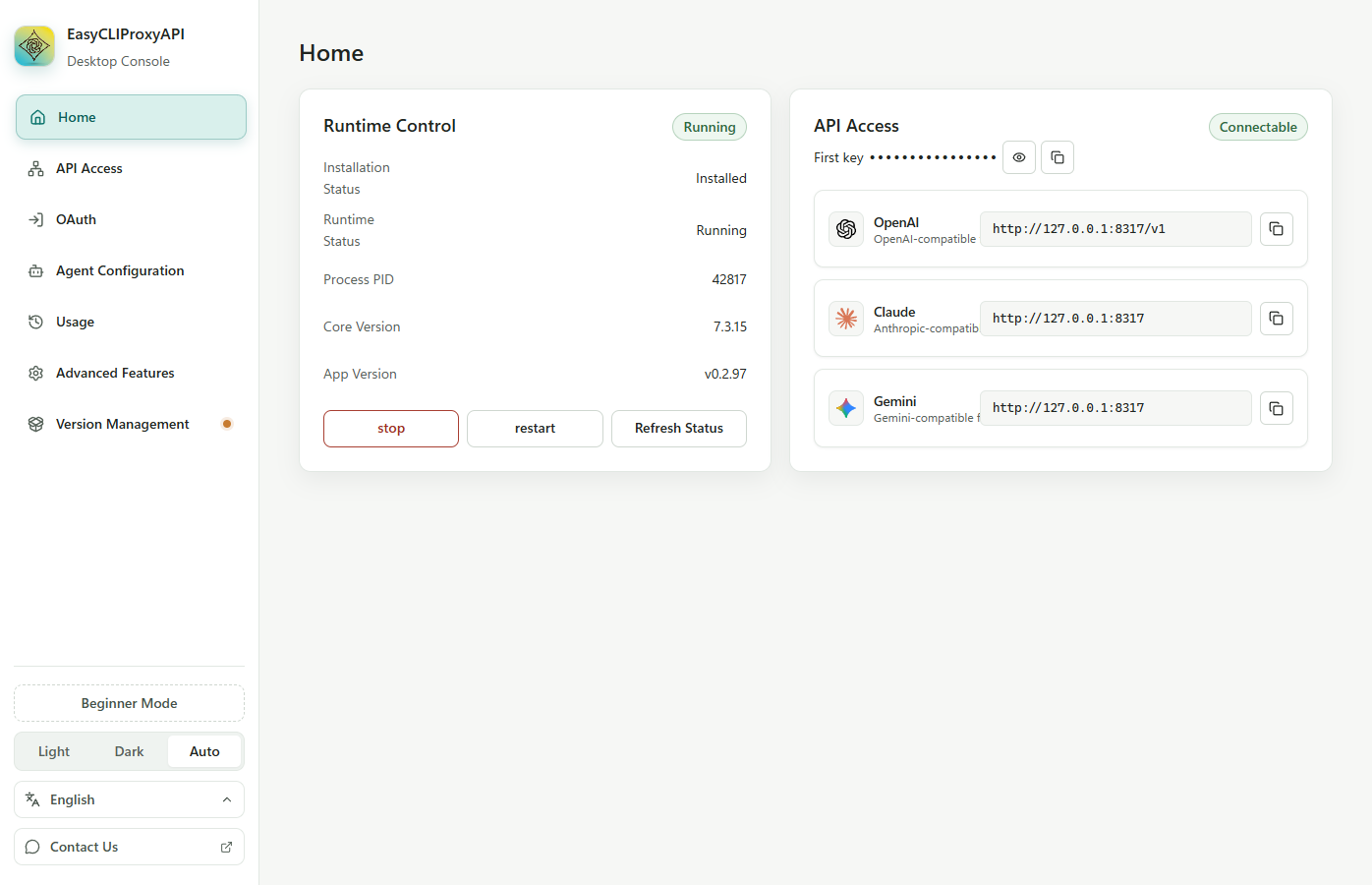 Home dashboard and local API endpoints
