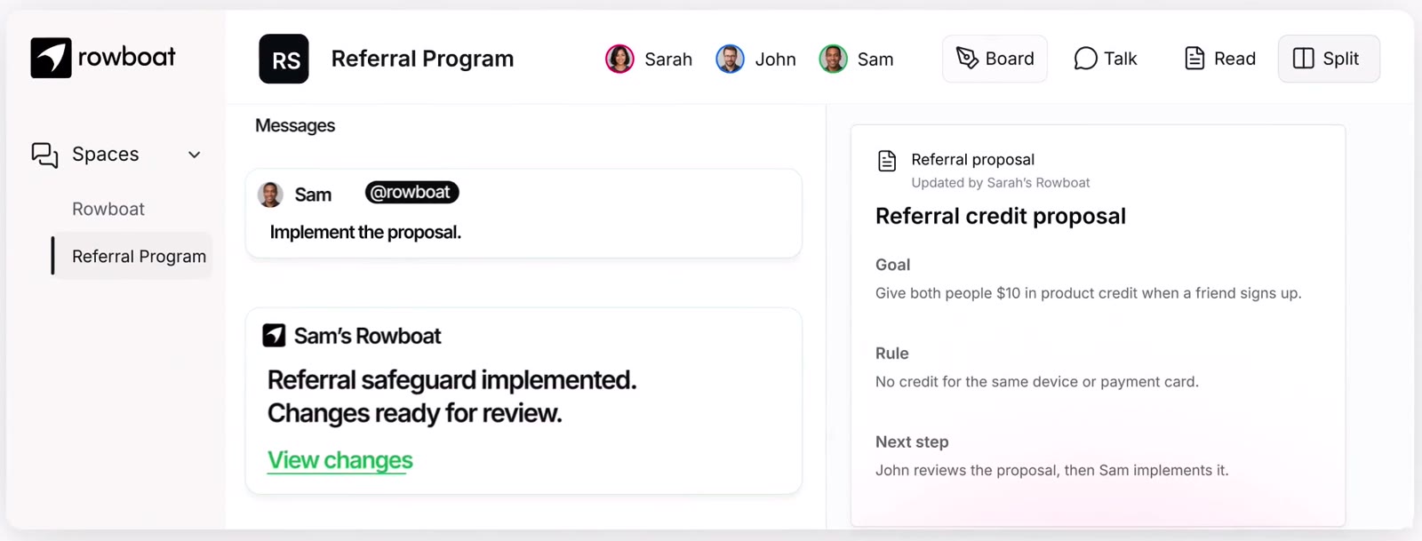 https://github.com/rowboatlabs/rowboat/blob/HEAD/Sam asks @rowboat to implement the proposal; Sam's Rowboat reports the safeguard implemented with changes ready for review