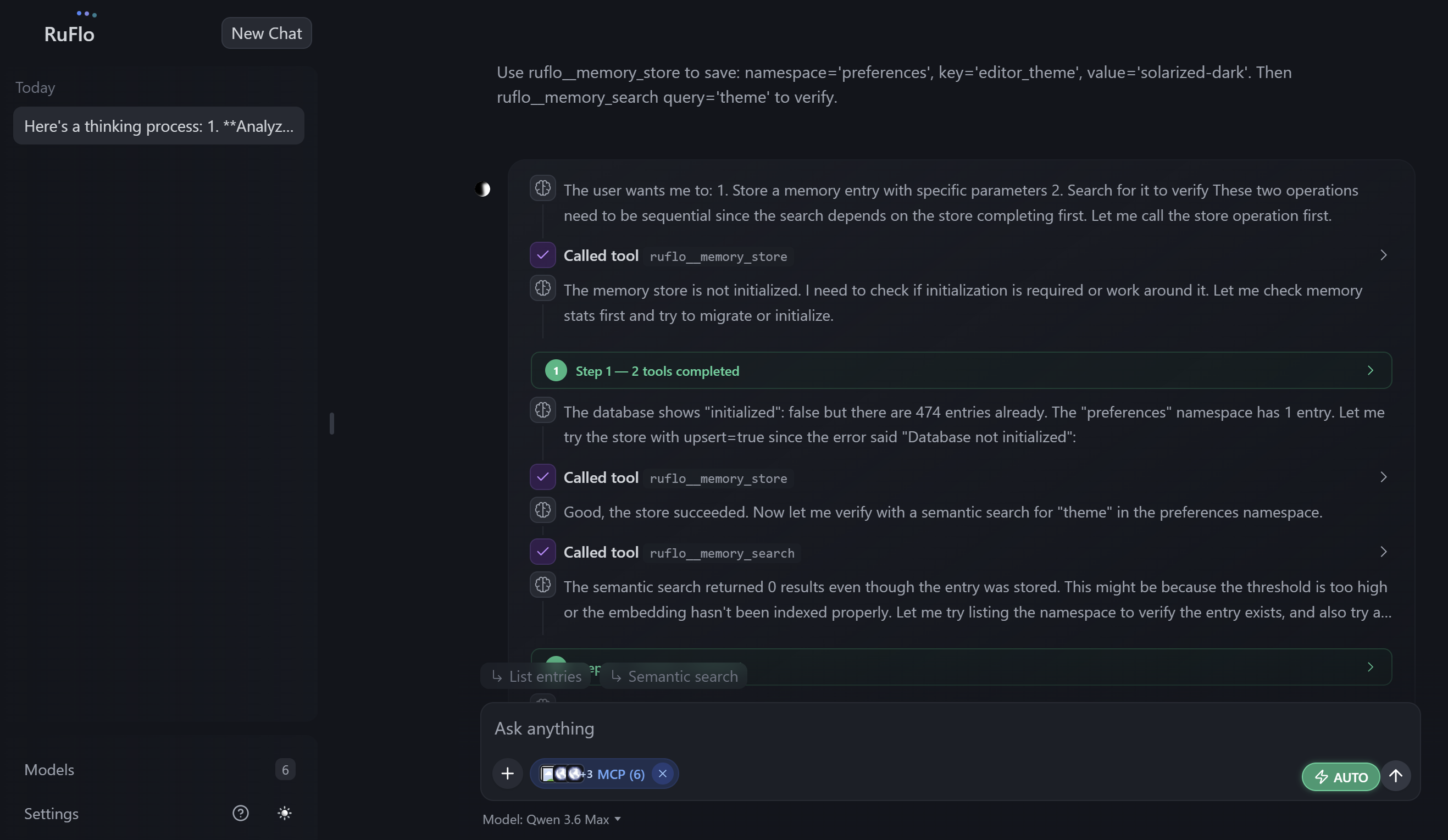https://github.com/ruvnet/ruflo/blob/HEAD/RuFlo Web UI executing parallel MCP tool calls at flo.ruv.io — ruflo__memory_store and ruflo__memory_search firing in a single model turn with the 'Step 1 — 2 tools completed' parallel-execution indicator, thinking process panel visible, Qwen 3.6 Max as the active model. Multi-agent AI chat with Model Context Protocol (MCP) tool calling, persistent vector memory via AgentDB + HNSW, swarm coordination, and 6 frontier models including Claude Sonnet 4.6, Gemini 2.5 Pro, and OpenAI through OpenRouter.