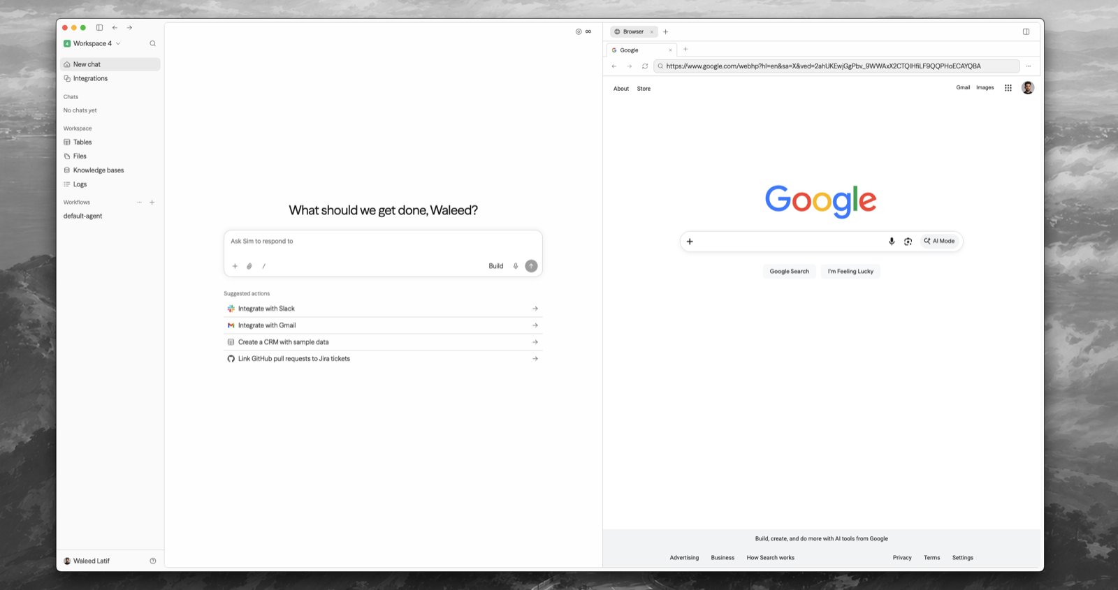 https://github.com/simstudioai/sim/blob/HEAD/Sim Desktop — Chat on the left, the built-in browser on the right