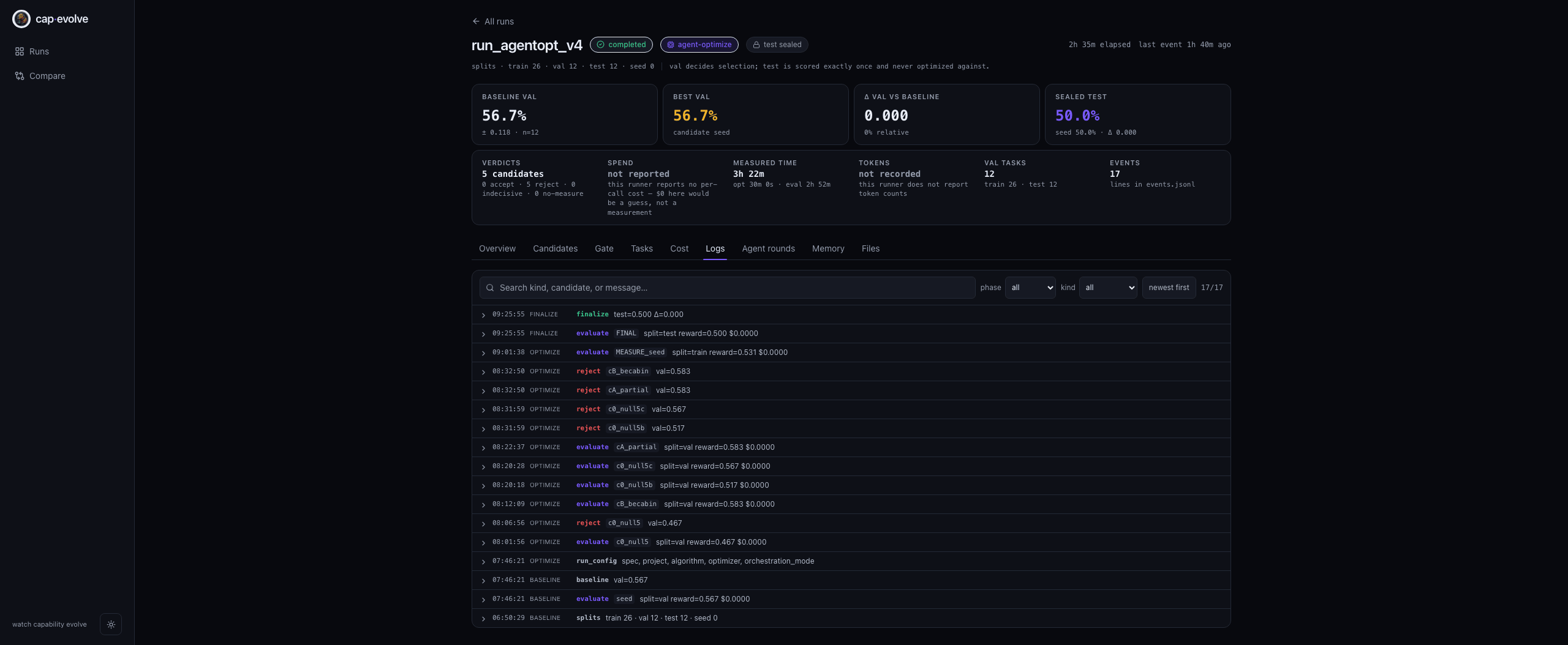 https://github.com/skillberry-ai/cap-evolve/blob/HEAD/cap-evolve dashboard, Logs tab — every event with phase, kind, candidate and detail, filterable and searchable