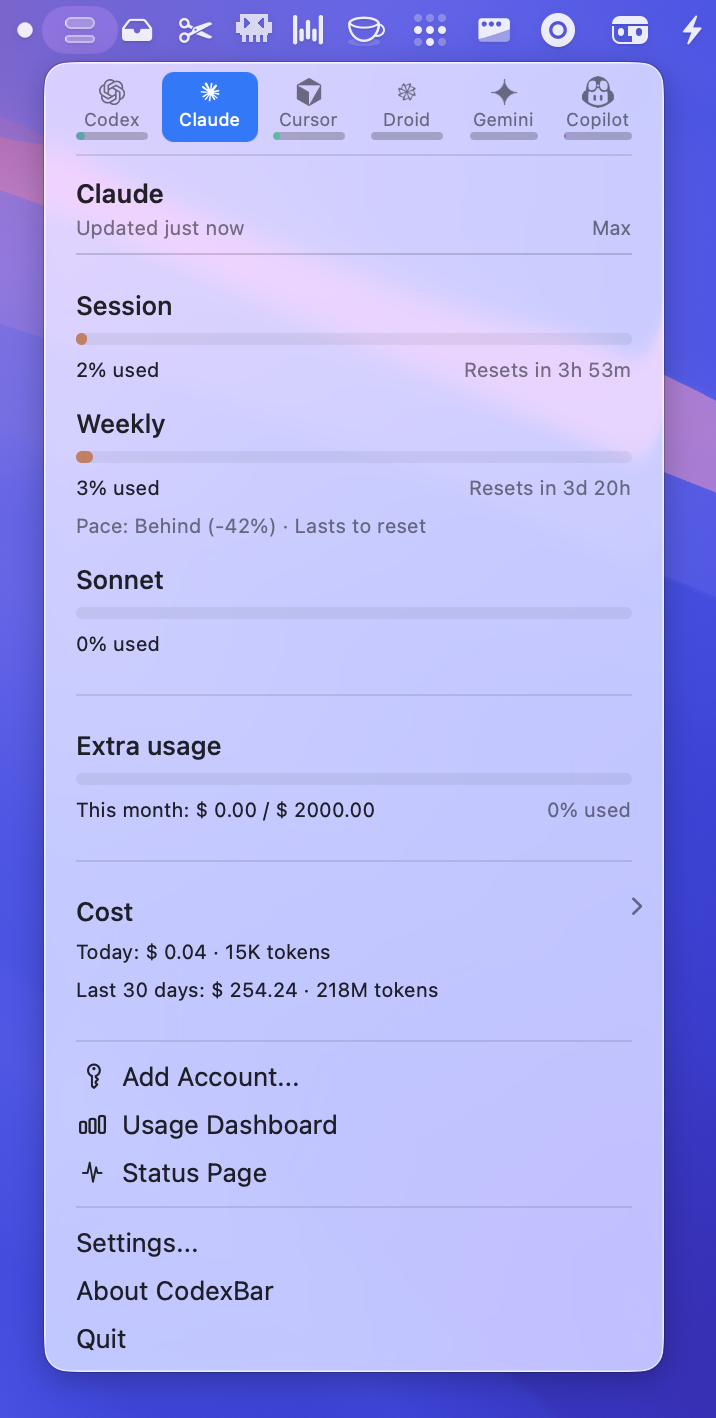 https://github.com/steipete/CodexBar/blob/HEAD/CodexBar menu popover with provider tiles, usage bars, and reset countdowns