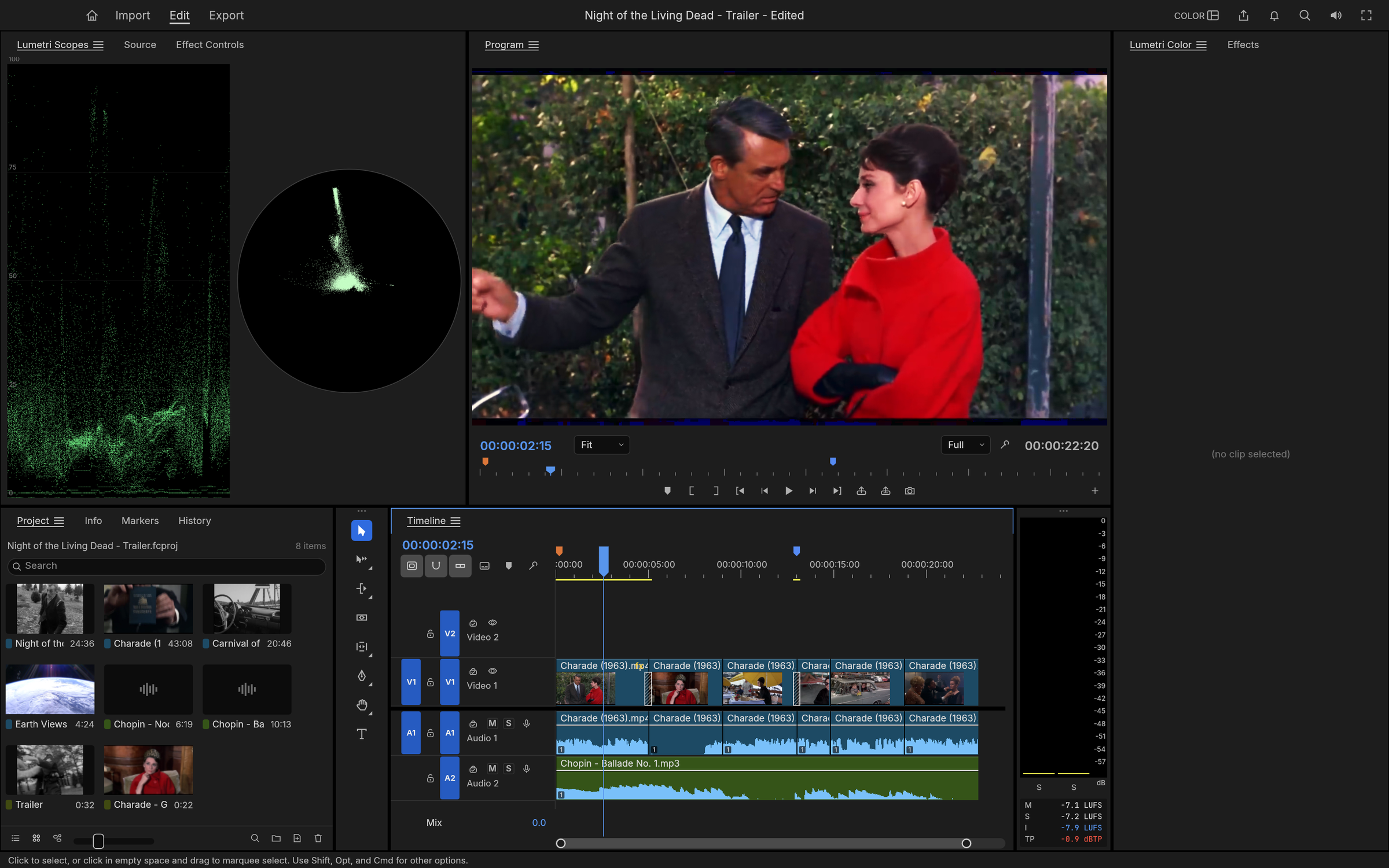 https://github.com/storytold/filmcraft/blob/HEAD/Color workspace on Charade (1963): Cary Grant and Audrey Hepburn in the Program monitor, the waveform and vectorscope on the left, and the trailer bins and timeline below
