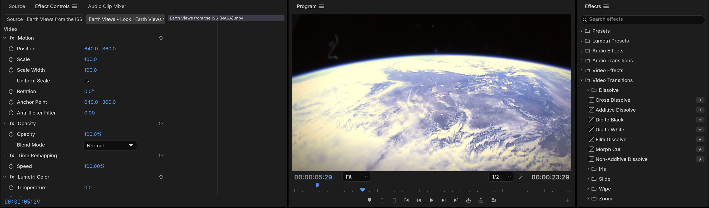 https://github.com/storytold/filmcraft/blob/HEAD/Effects workspace: Effect Controls with Motion, Opacity, Time Remapping and Lumetri Color, NASA's Earth Views from the ISS in the Program monitor, and the Effects browser open on the Dissolve transitions