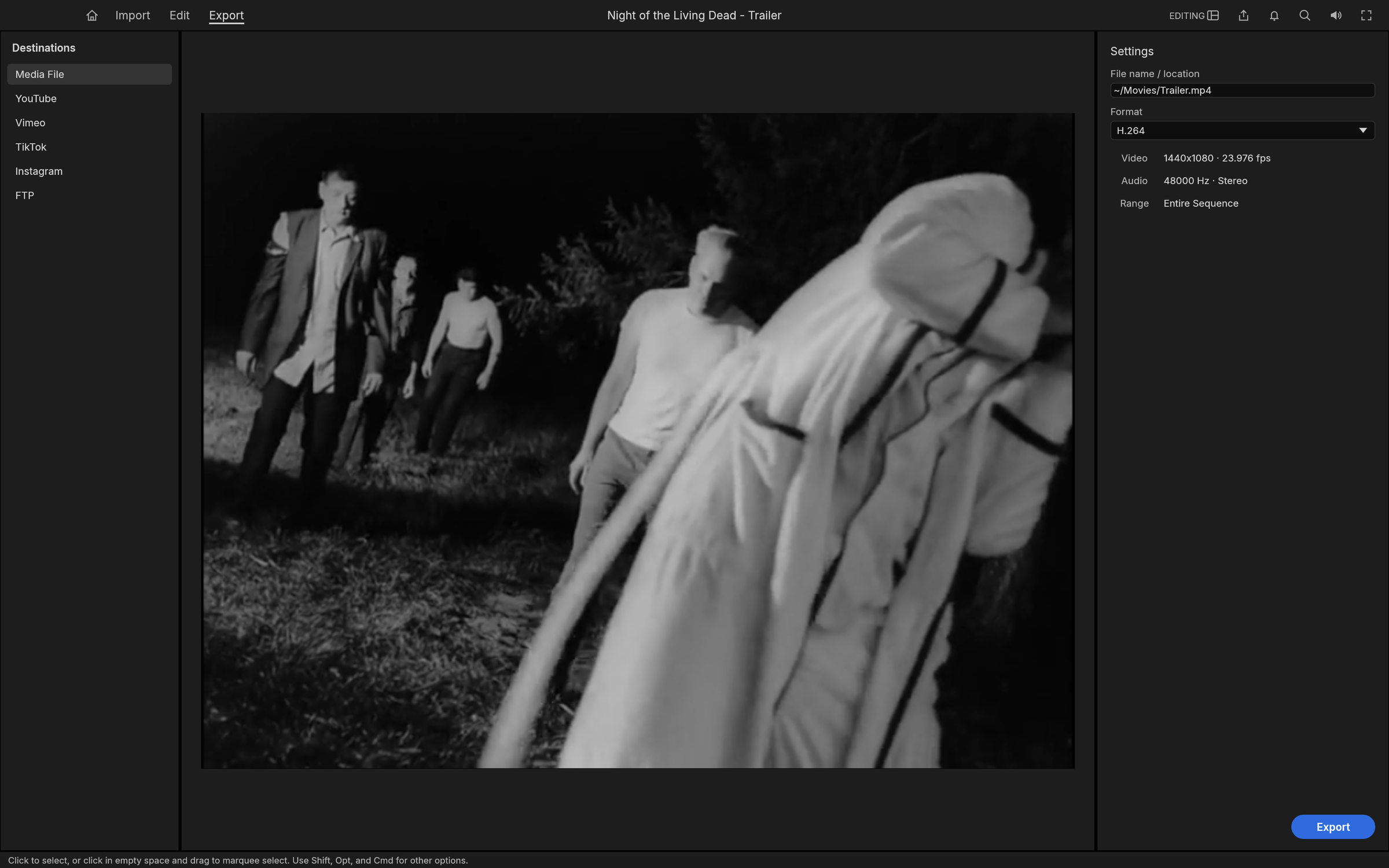 https://github.com/storytold/filmcraft/blob/HEAD/Export mode: destinations for Media File, YouTube, Vimeo, TikTok, Instagram and FTP on the left, a Night of the Living Dead frame in the preview, and H.264 settings on the right (1440x1080 at 23.976 fps, 48000 Hz stereo, entire sequence)