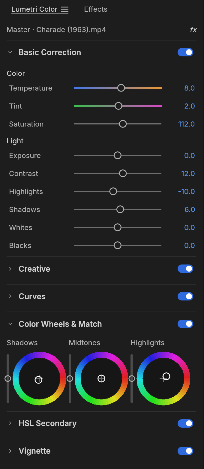 https://github.com/storytold/filmcraft/blob/HEAD/The Lumetri Color panel on Charade (1963): Basic Correction sliders with coloured temperature and tint tracks, collapsed Creative and Curves sections, shadow, midtone and highlight colour wheels, and HSL Secondary and Vignette toggles
