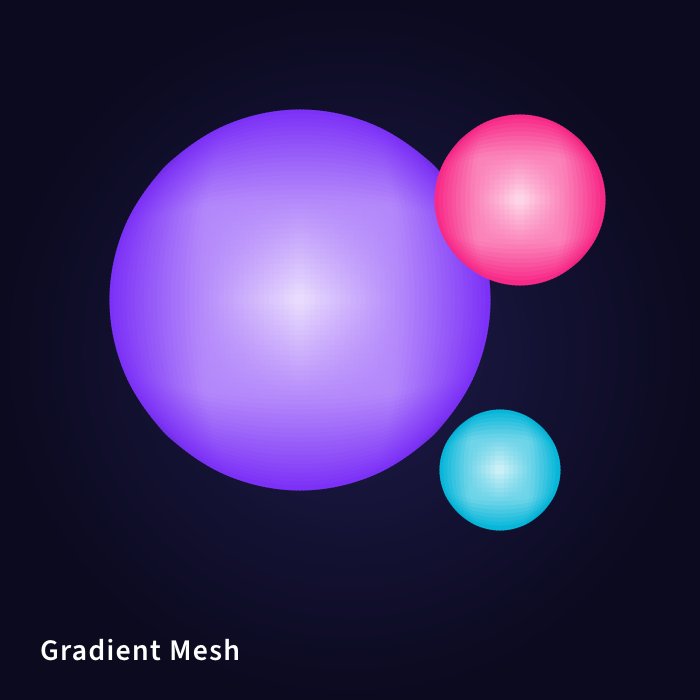 https://github.com/storytold/vectorcraft/blob/HEAD/Gradient Mesh: three softly shaded purple, pink and cyan spheres on a dark background