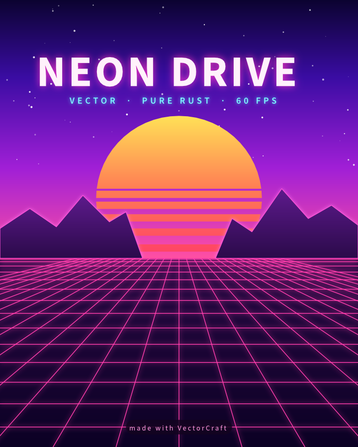https://github.com/storytold/vectorcraft/blob/HEAD/Neon Drive synthwave poster: a striped orange sun setting between purple mountains over a glowing pink grid