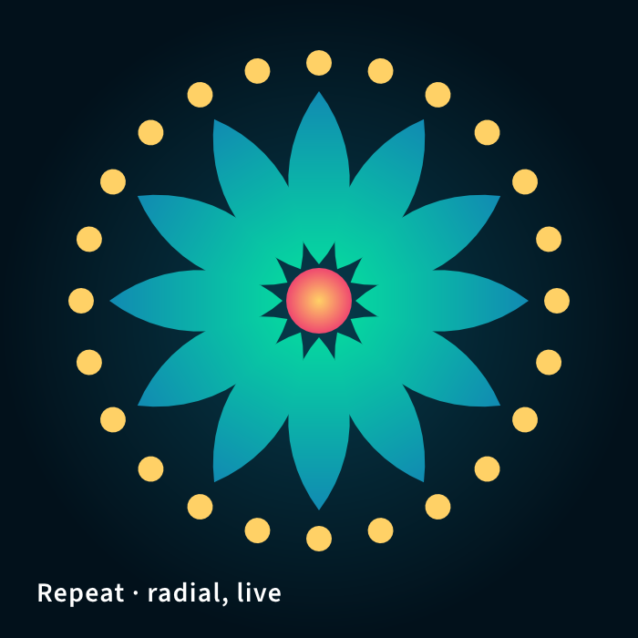 https://github.com/storytold/vectorcraft/blob/HEAD/Radial Repeat mandala: teal petals around a coral center, ringed by yellow dots