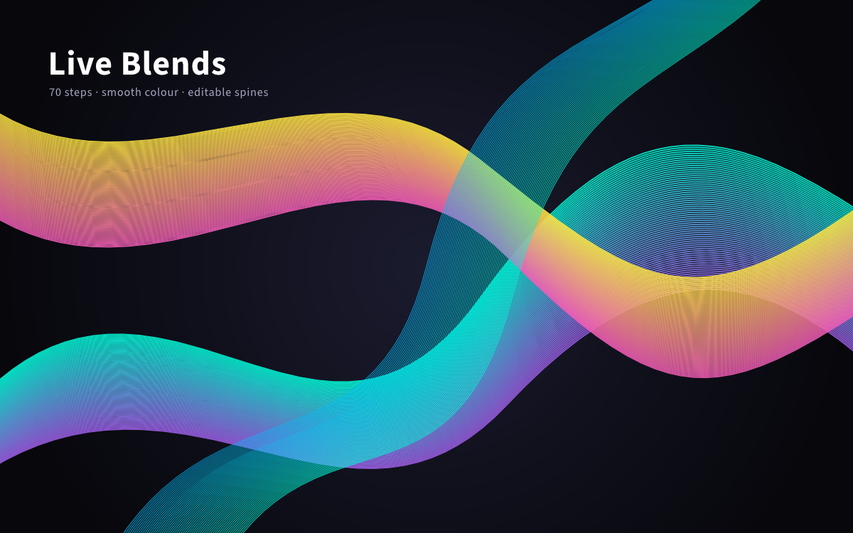https://github.com/storytold/vectorcraft/blob/HEAD/Live Blends: three wide ribbons blending yellow to pink and teal to purple, crossing over a dark background