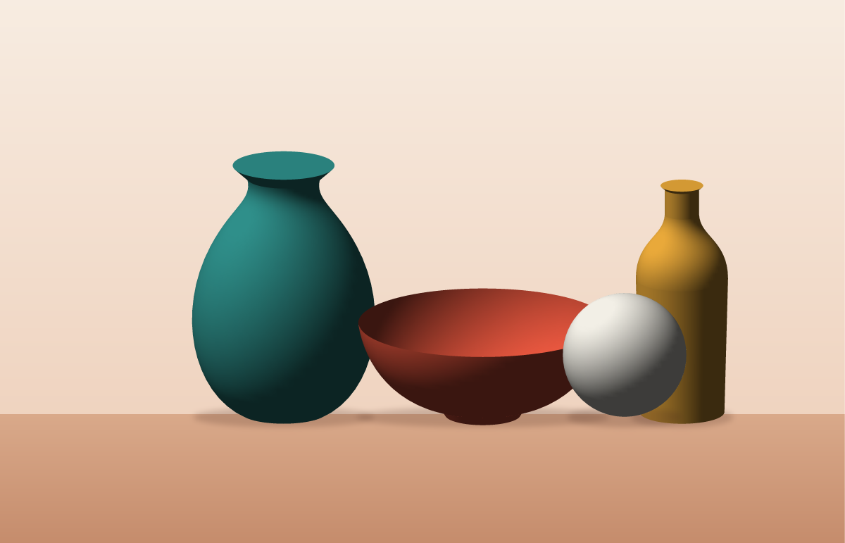 https://github.com/storytold/vectorcraft/blob/HEAD/Still life: a teal vase, a coral bowl, a white sphere and a mustard bottle on a warm table, all made with 3D Revolve