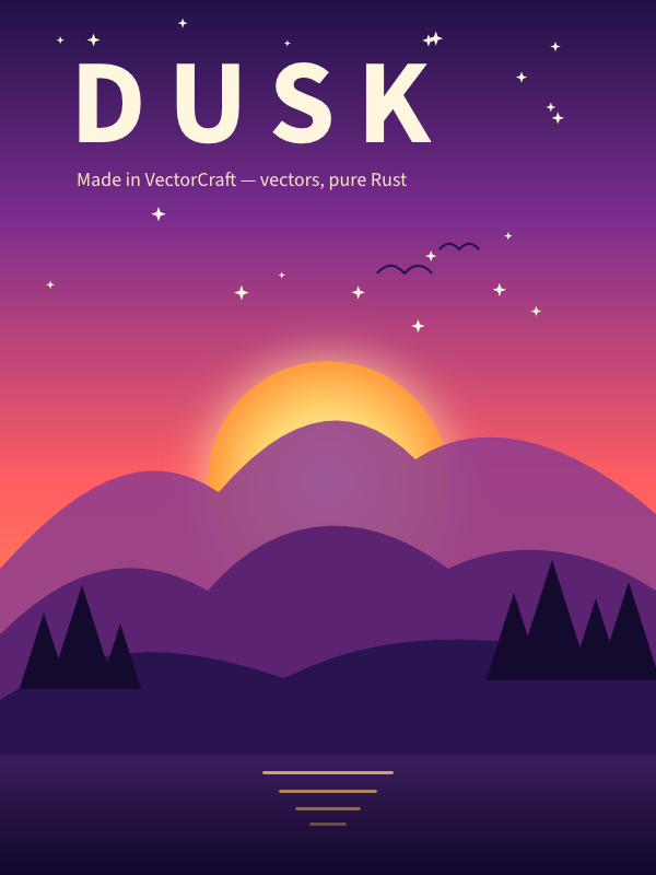 https://github.com/storytold/vectorcraft/blob/HEAD/Dusk poster: a gradient sky with stars and birds, a glowing sun behind layered purple mountains and pine trees