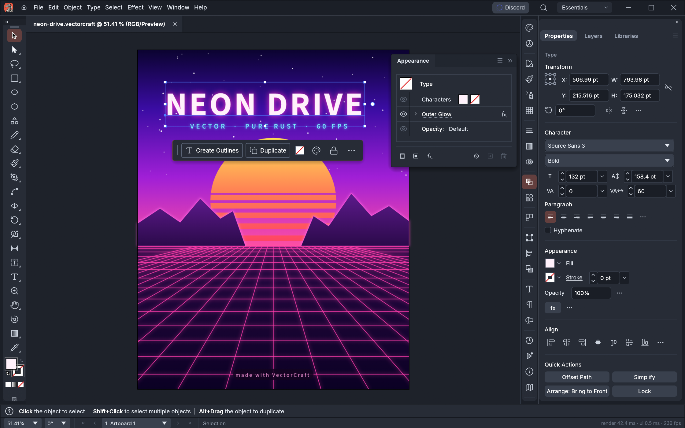 https://github.com/storytold/vectorcraft/blob/HEAD/VectorCraft editing the Neon Drive poster: the title is selected, the Appearance panel shows the settings of its live Outer Glow, and the Properties panel shows its character settings