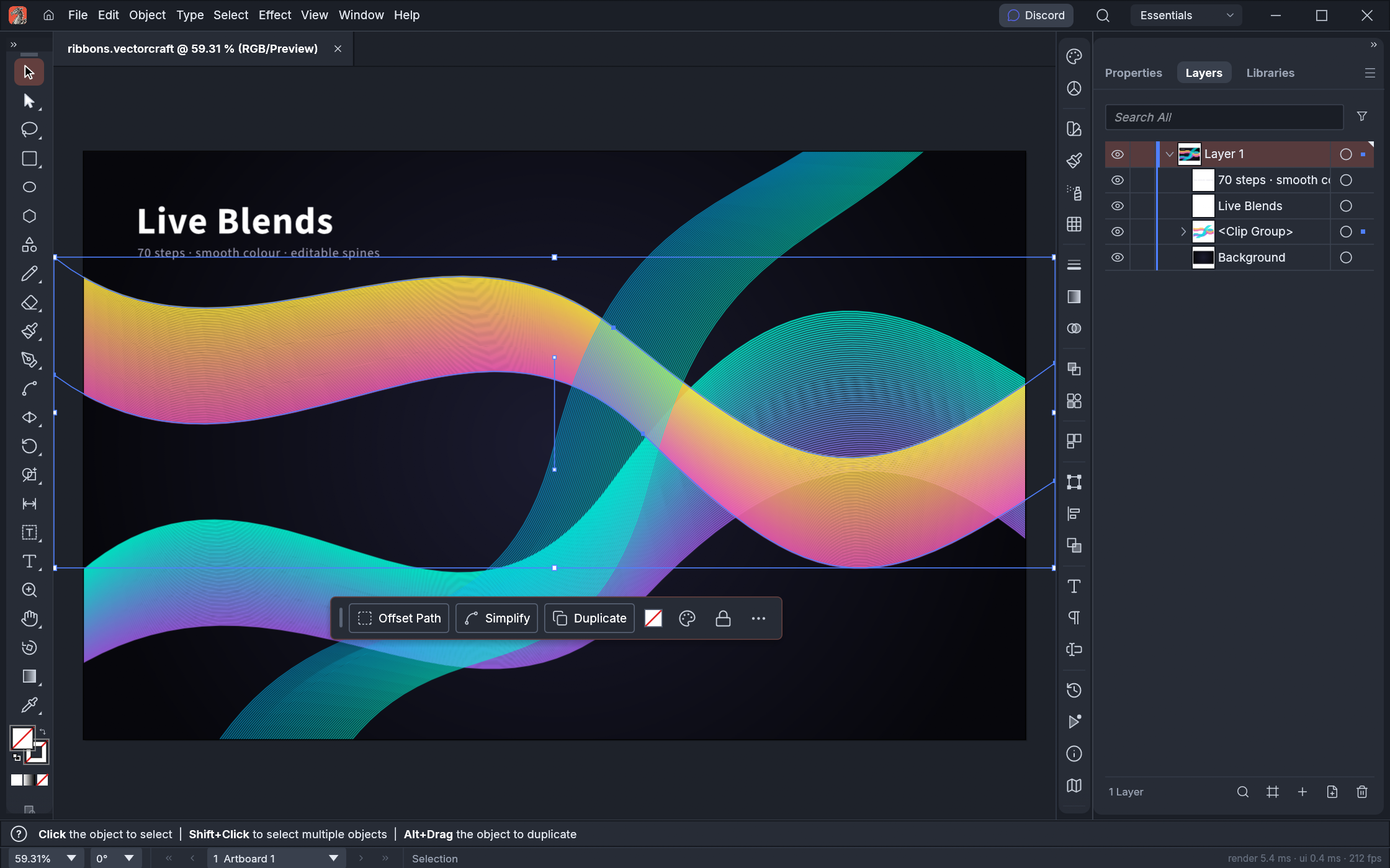 https://github.com/storytold/vectorcraft/blob/HEAD/Three live blend ribbons clipped to the artboard, one selected with its key paths showing; the Layers panel lists the clip group, the blends and the selected blend's two key paths