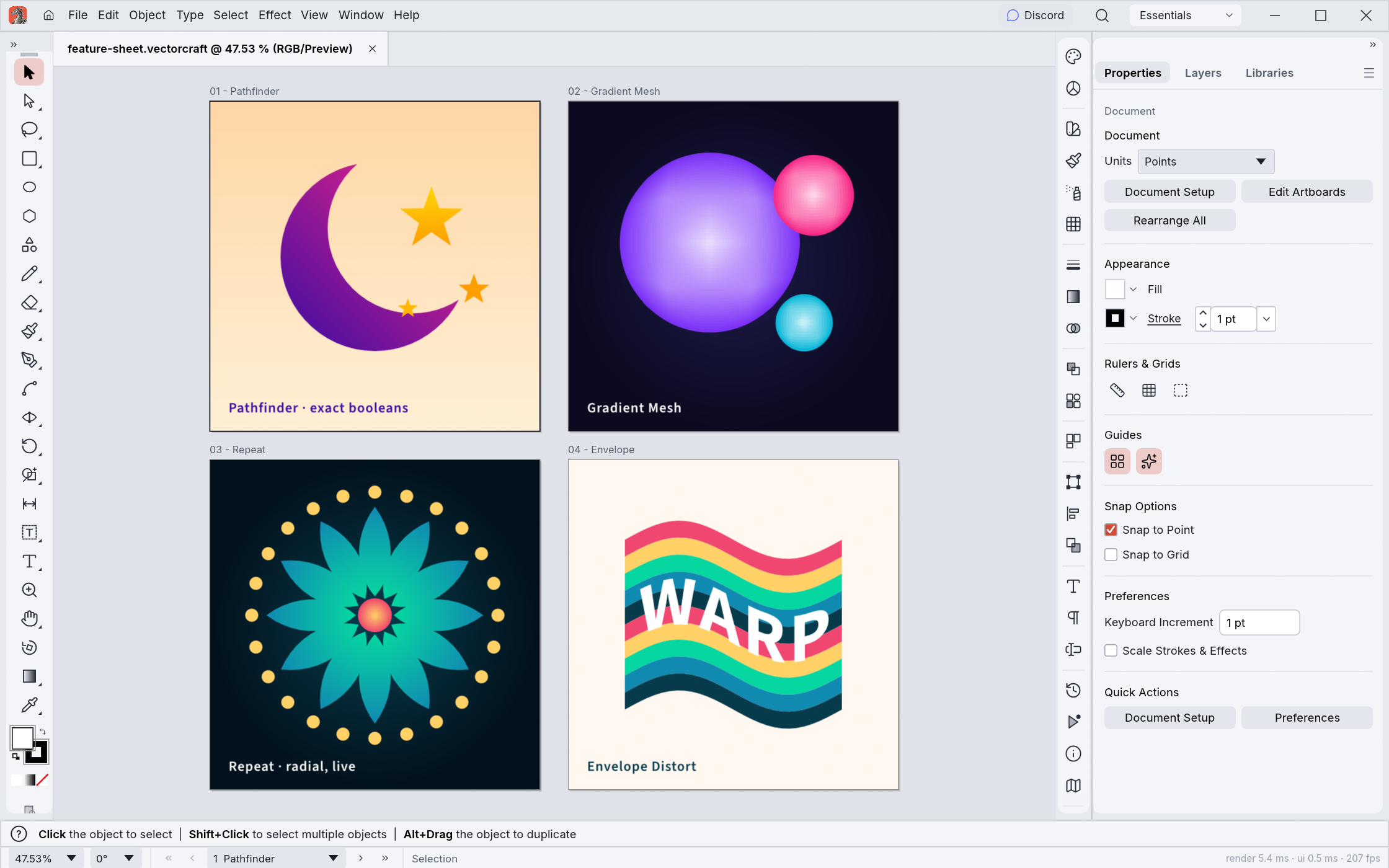 https://github.com/storytold/vectorcraft/blob/HEAD/Four artboards in the light UI theme: Pathfinder, Gradient Mesh, radial Repeat and Envelope Distort