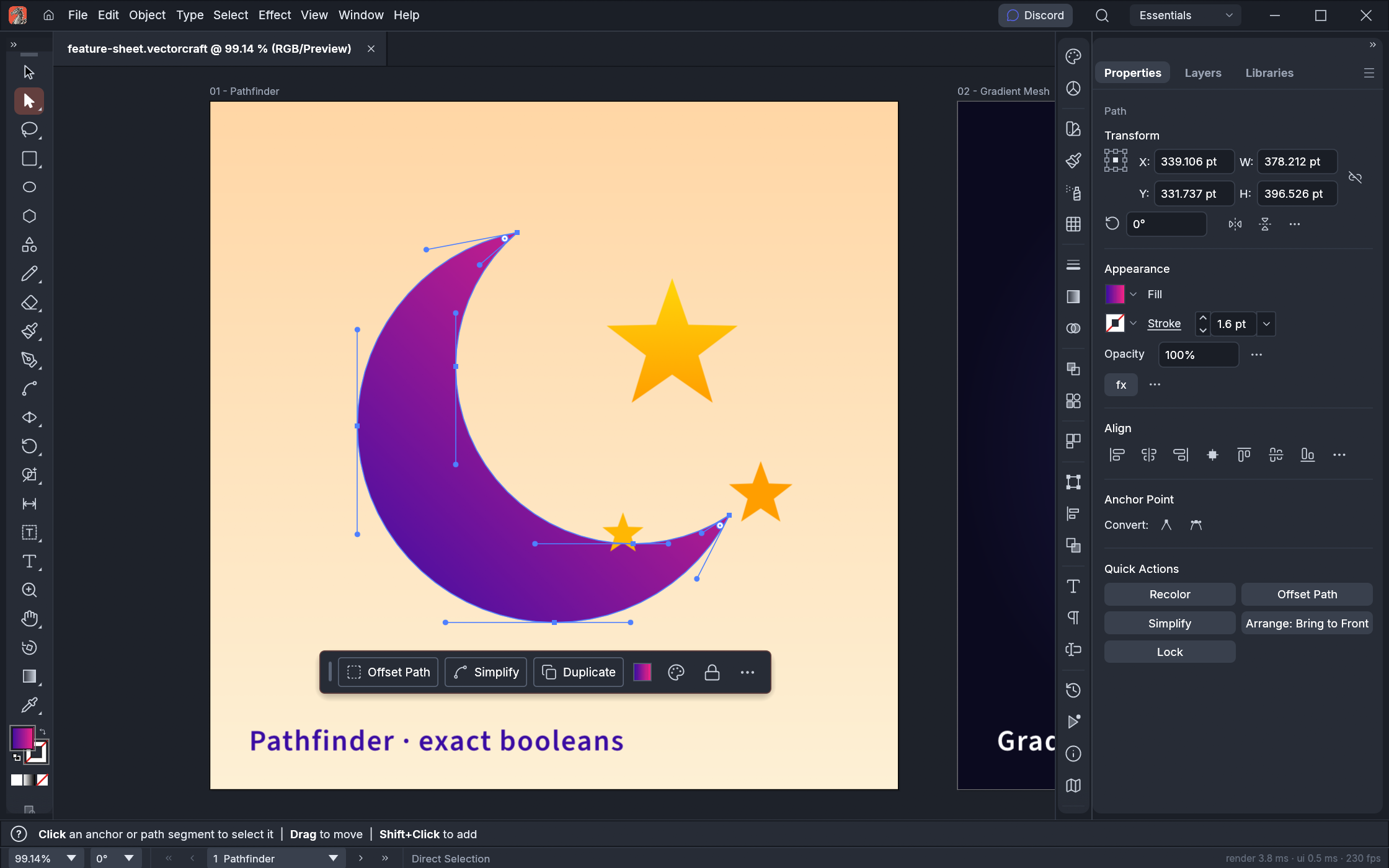https://github.com/storytold/vectorcraft/blob/HEAD/Direct Selection tool showing anchor points and Bézier handles on a crescent built with Pathfinder, with the contextual task bar below it