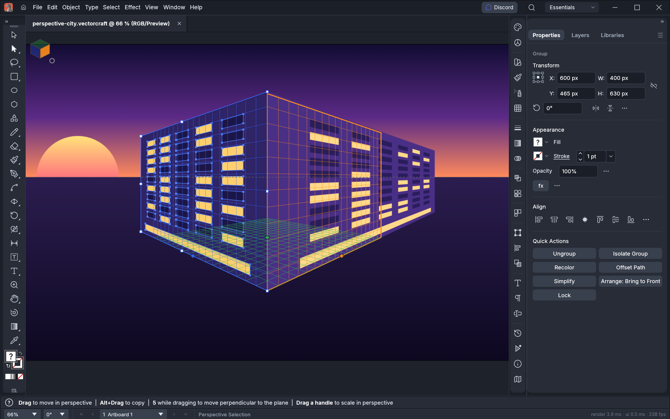 https://github.com/storytold/vectorcraft/blob/HEAD/Two lit building facades drawn on the left and right planes of a two-point perspective grid at sunset, with the Perspective Selection tool and the Plane Switching Widget