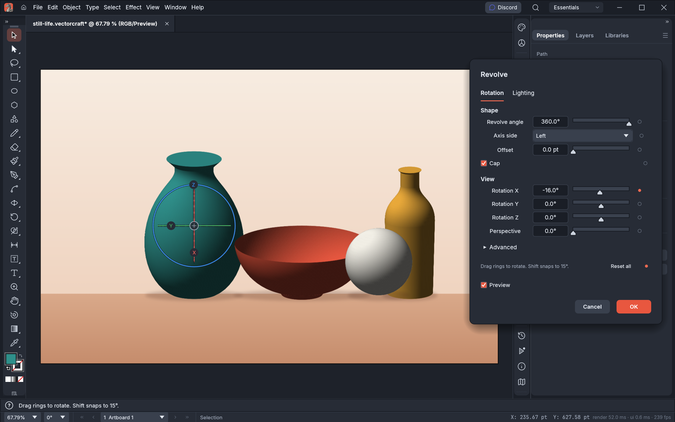 https://github.com/storytold/vectorcraft/blob/HEAD/A still life of a vase, a bowl, a sphere and a bottle made with 3D Revolve; the vase is selected and the Revolve dialog shows its rotation, cap and view settings beside the rotation gizmo
