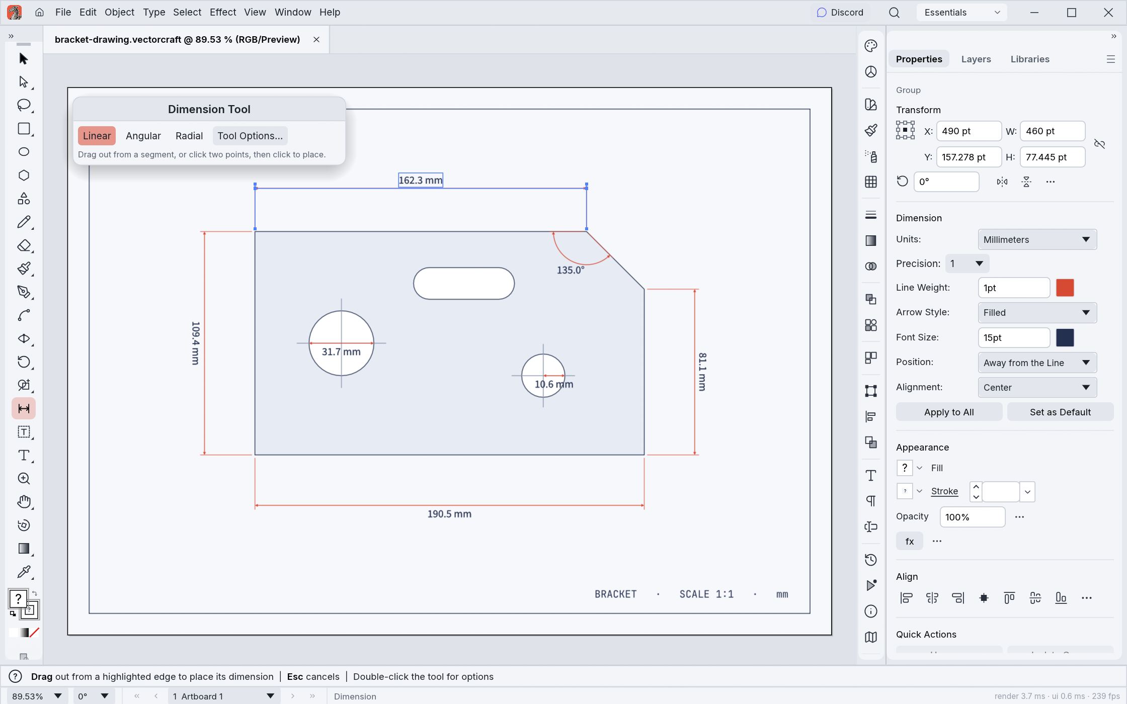 https://github.com/storytold/vectorcraft/blob/HEAD/A bracket drawing in the light theme with linear, angular, diameter and radius dimensions; the Dimension tool is active and the Properties panel shows the selected dimension's units, precision and style