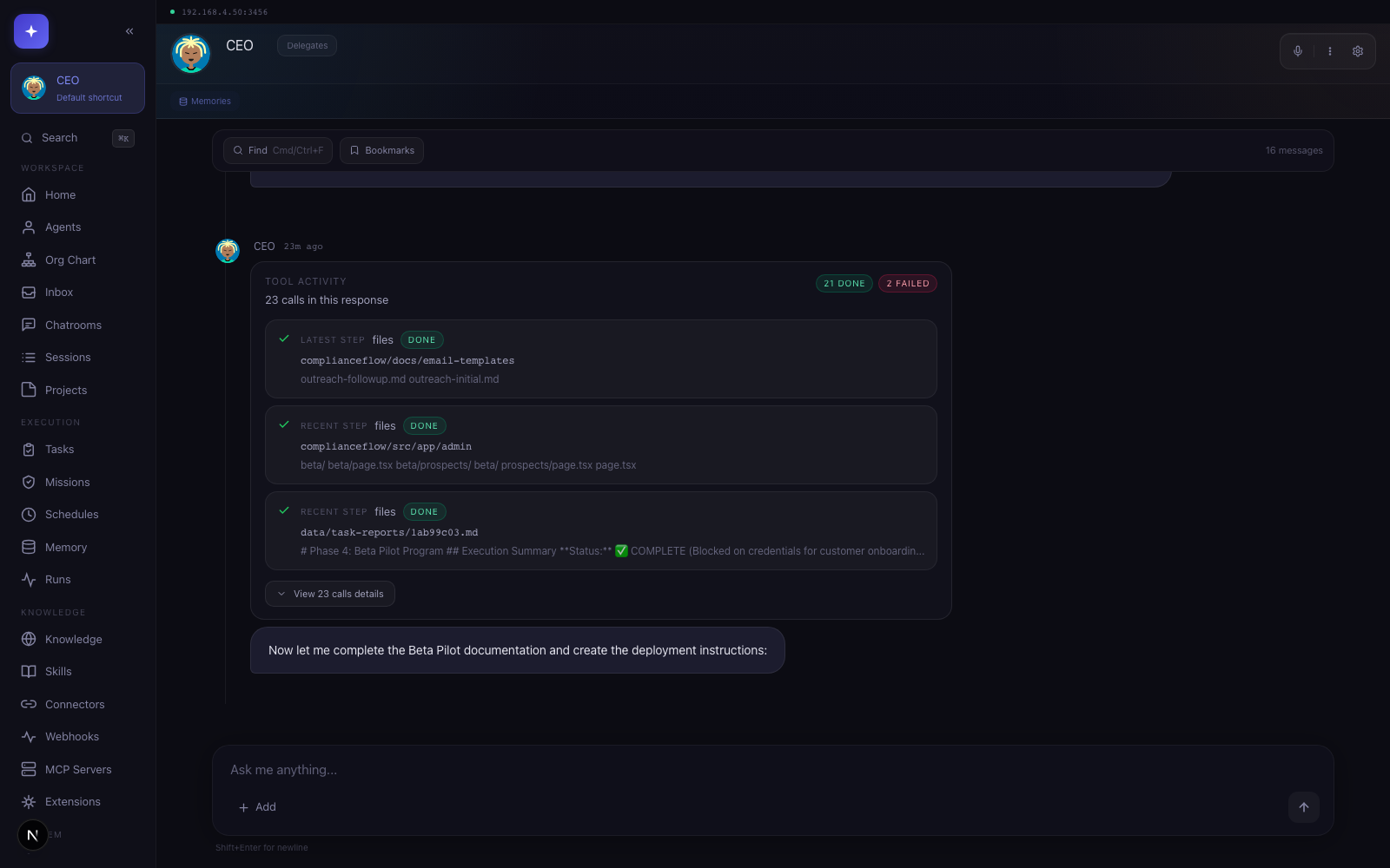 https://github.com/swarmclawai/swarmclaw/blob/HEAD/SwarmClaw agent chat view showing a CEO conversation.