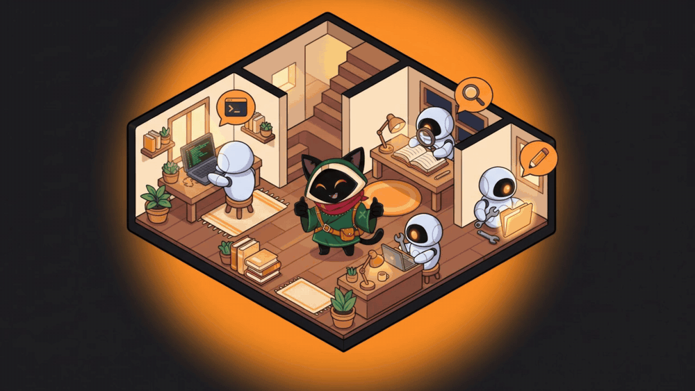https://github.com/tonhowtf/omniget/blob/HEAD/Loop, the OmniGet mascot, gives two thumbs up in the middle of a cozy isometric house while three small robot agents work at three separate workbenches: one types code on a laptop, one studies a book with a magnifying glass, one repairs a folder with a wrench. Each has a balloon showing the tool it is using