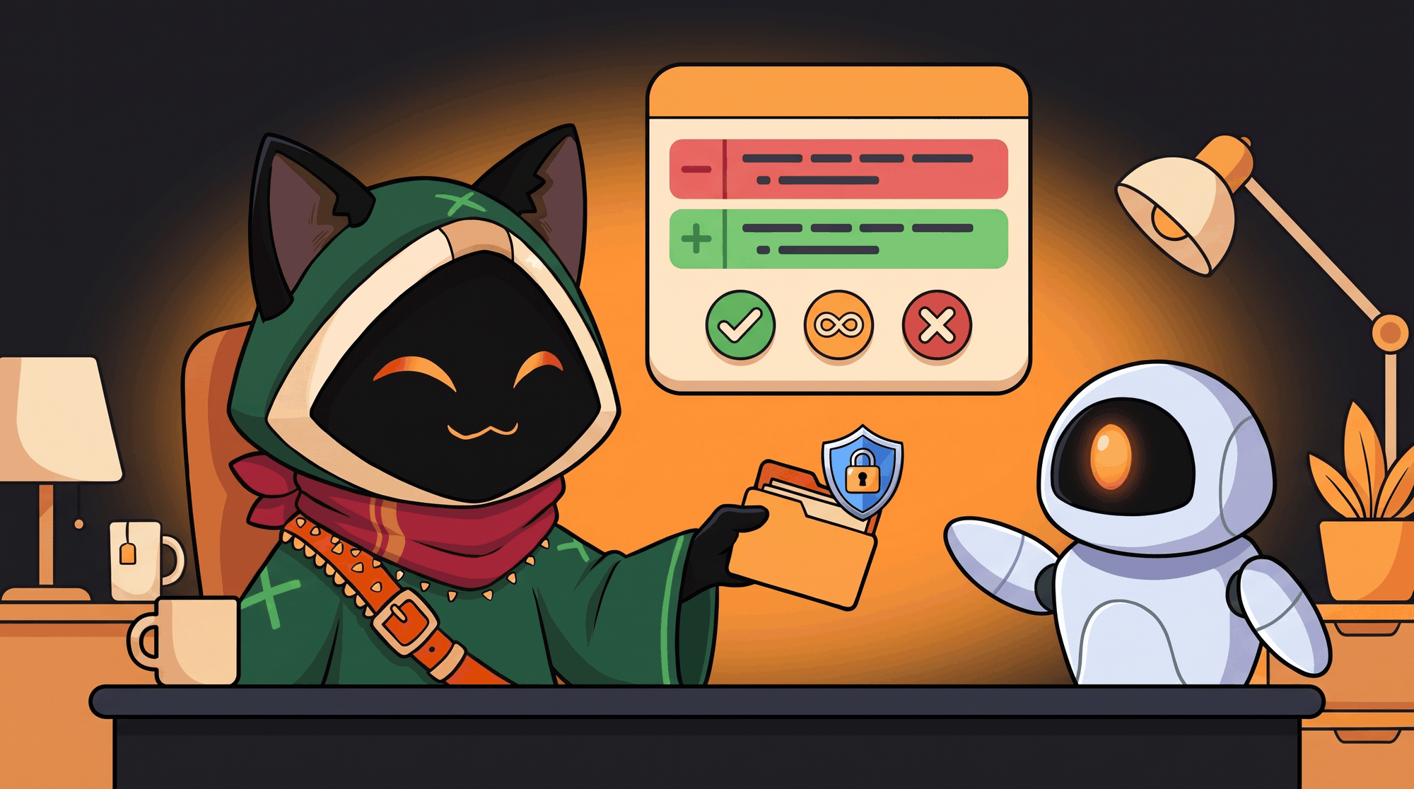 https://github.com/tonhowtf/omniget/blob/HEAD/Loop slides a folder across a desk to a robot agent. Between them a permission card shows a removed line in red and an added line in green, with three buttons: allow, always and deny. The agent raises a hand to ask