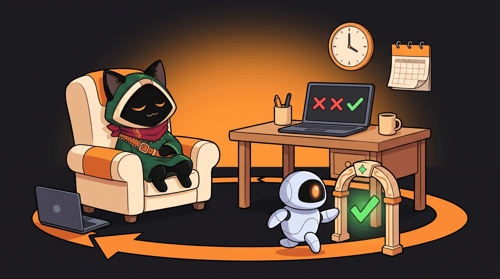 https://github.com/tonhowtf/omniget/blob/HEAD/A robot agent runs around a circular arrow track and passes under an arch with a green check mark while Loop naps in an armchair beside a closed laptop. On the desk a screen shows two red crosses turning into a green check; a clock and a calendar hang on the wall