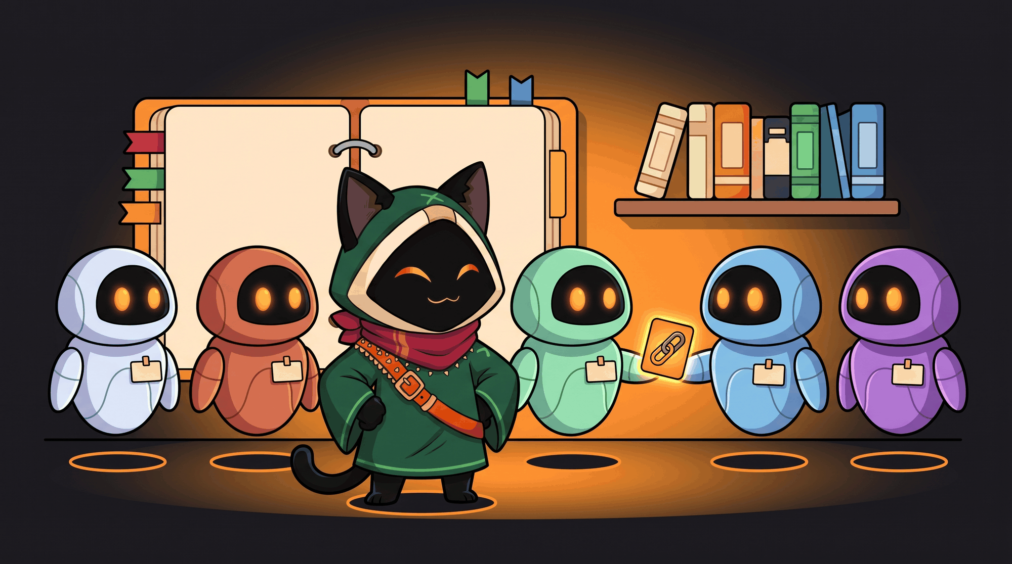 https://github.com/tonhowtf/omniget/blob/HEAD/Loop stands as team captain in front of five robot agents of different colours, each with a name badge. One hands a glowing task card to another. Behind them, a large shared notebook with bookmarks and a shelf of skills