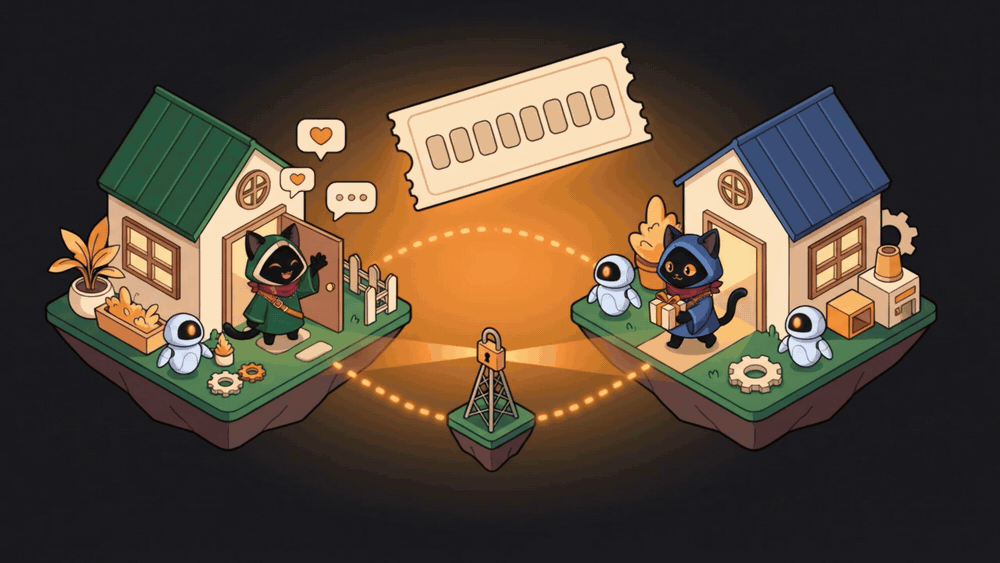 https://github.com/tonhowtf/omniget/blob/HEAD/Two small houses on floating islands joined by a glowing dotted path. A visitor in a blue cloak walks over carrying a gift while Loop waves from the door, a ticket with an eight-character code floats above, and a small padlocked relay tower passes light along the path